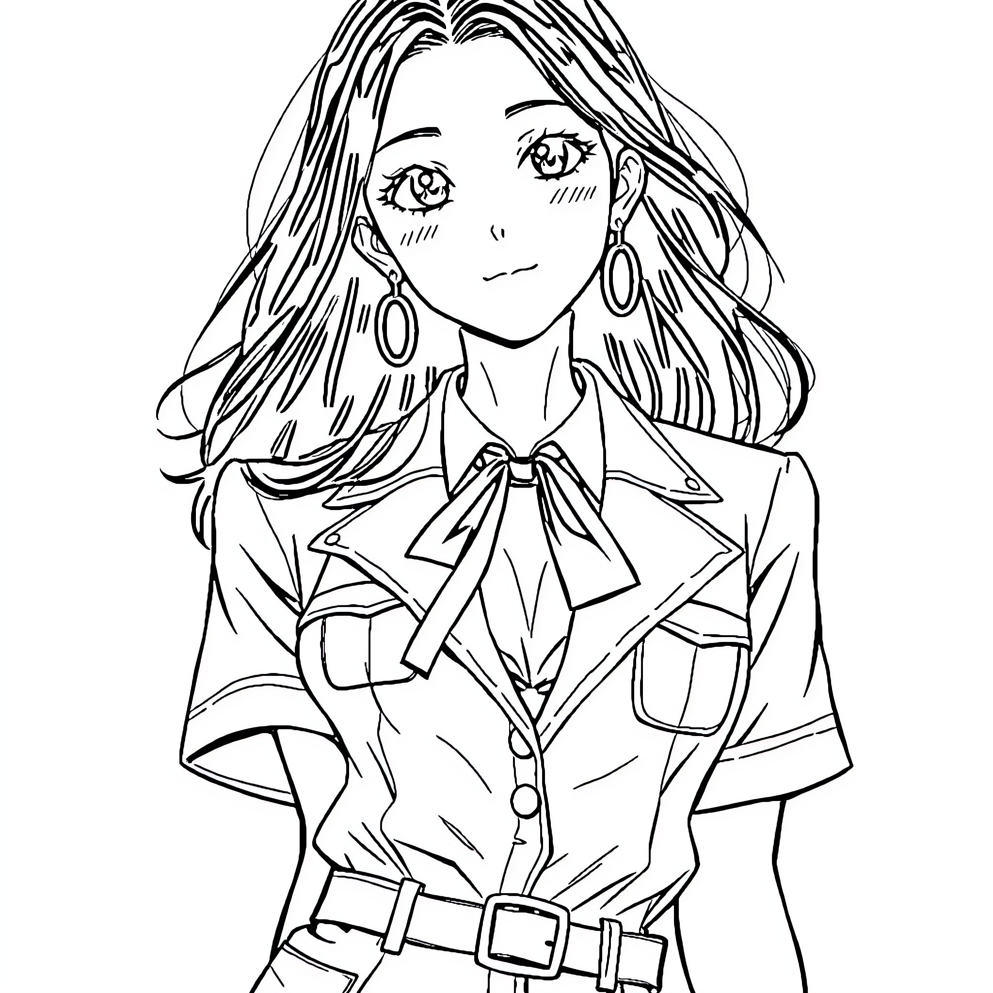 Hinata's Elegant Attire and Pensive Expression Coloring Page (free black-and-white line drawing printable PDF for all, from beginners to advanced learners, including children, teens, adults, and seniors)