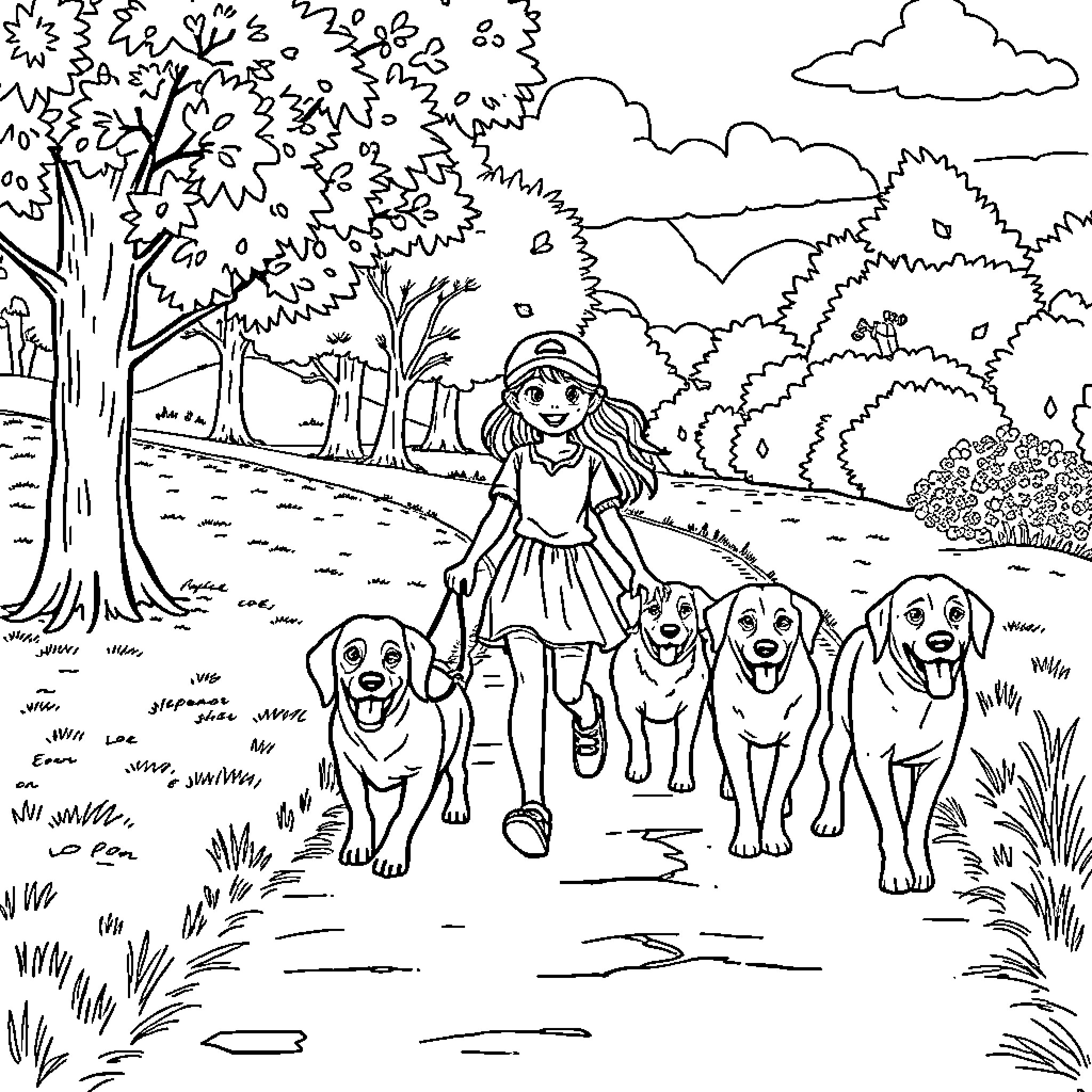 Girl walking dogs in the countryside Coloring Page (free black-and-white line drawing printable PDF for all, from beginners to advanced learners, including children, teens, adults, and seniors)