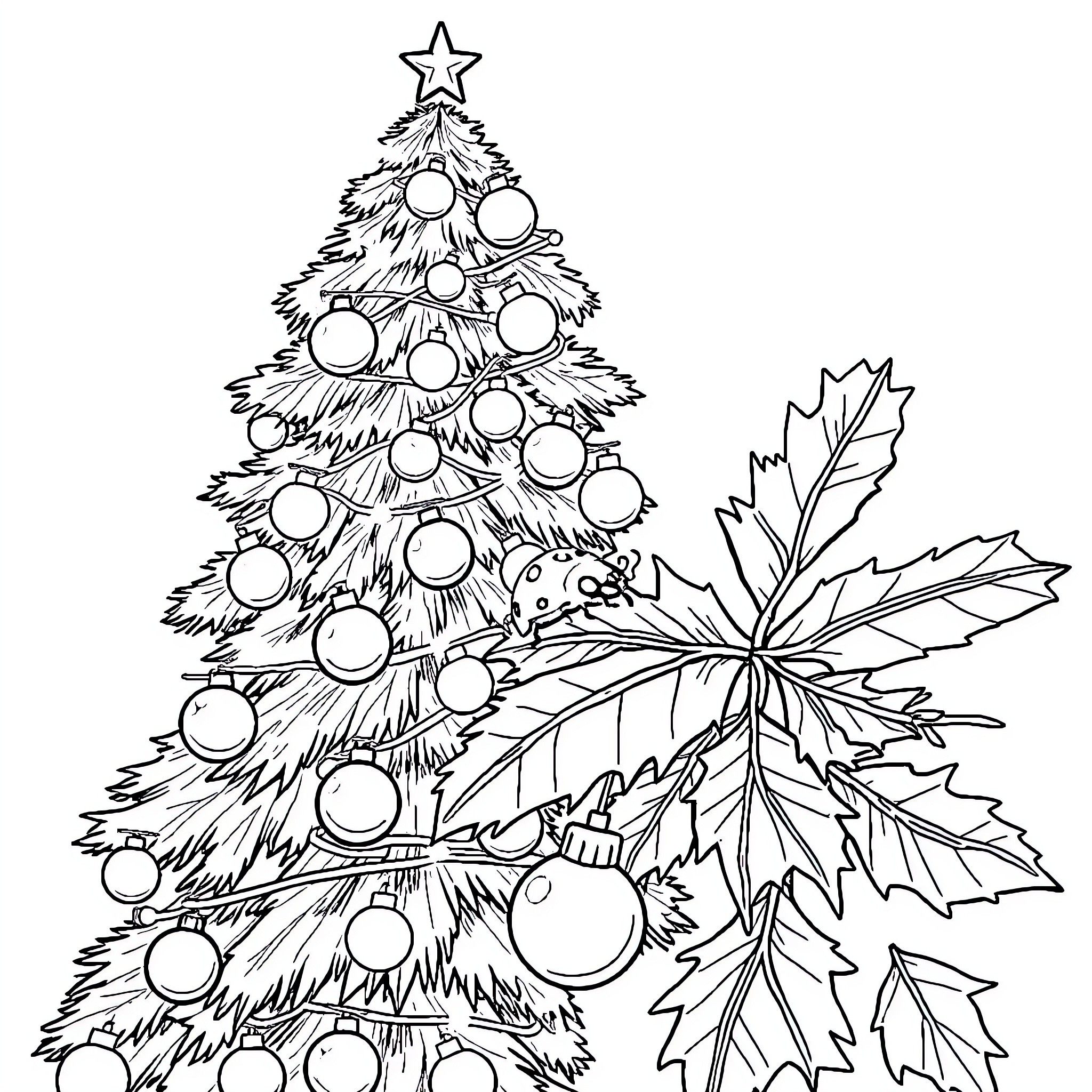 Christmas Tree decorated with ornaments and a star Coloring Page (free black-and-white line drawing printable PDF for all, from beginners to advanced learners, including children, teens, adults, and seniors)