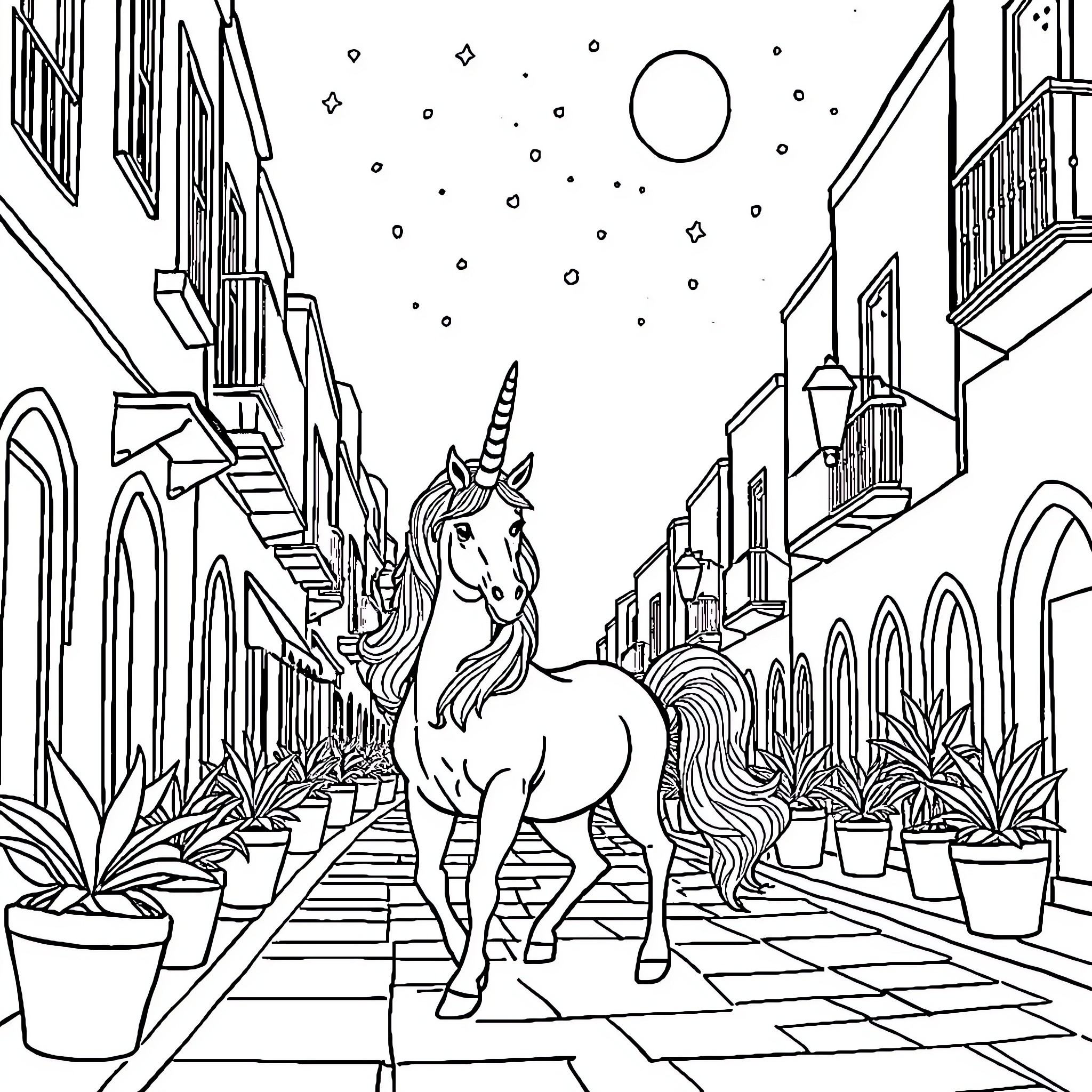 Unicorn Wandering Through a Magical City Coloring Page (free black-and-white line drawing printable PDF for all, from beginners to advanced learners, including children, teens, adults, and seniors)