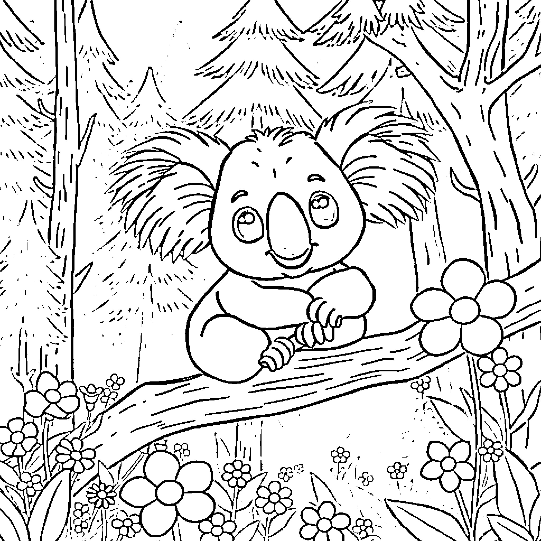 Koala resting peacefully in the forest Coloring Page (free black-and-white line drawing printable PDF for all, from beginners to advanced learners, including children, teens, adults, and seniors)