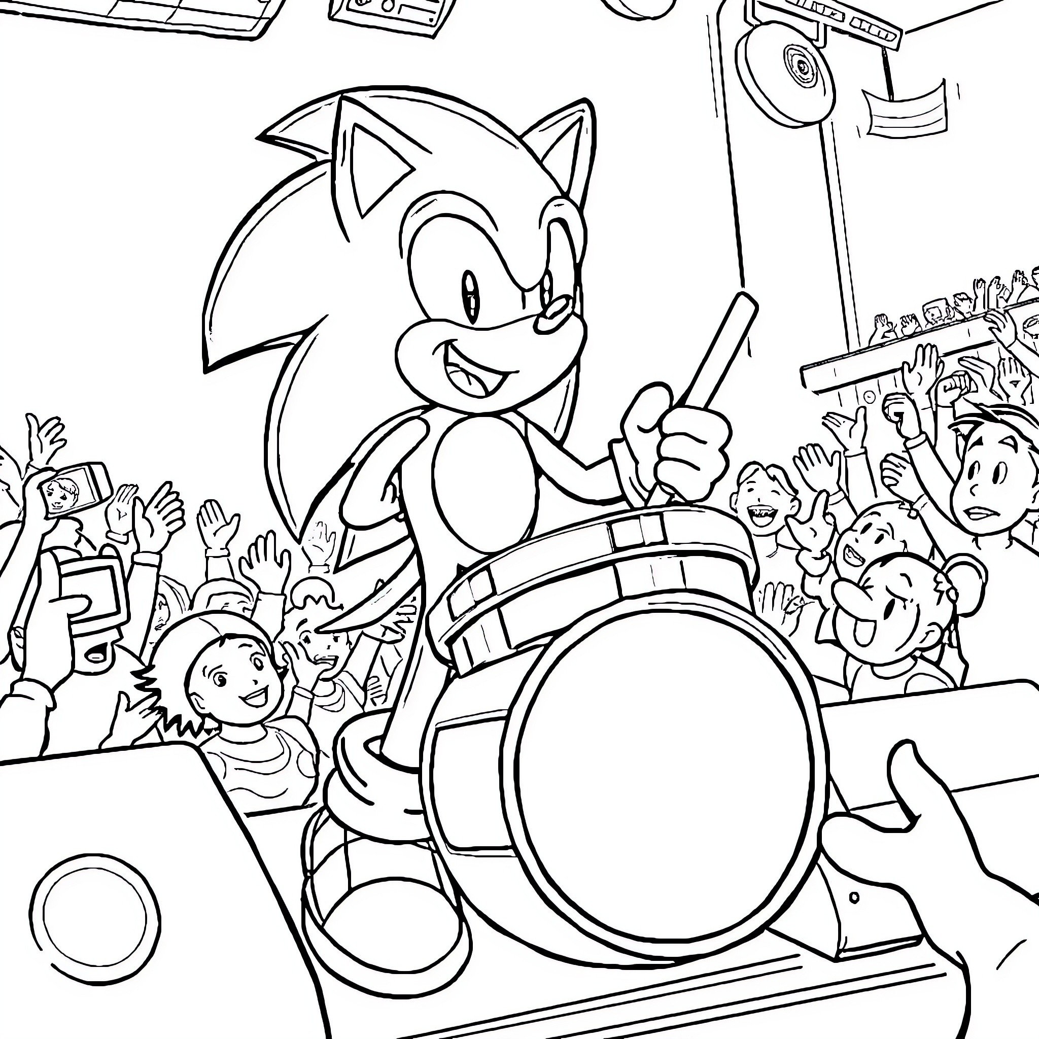 Sonic performing on stage with an enthusiastic crowd Coloring Page (free black-and-white line drawing printable PDF for all, from beginners to advanced learners, including children, teens, adults, and seniors)