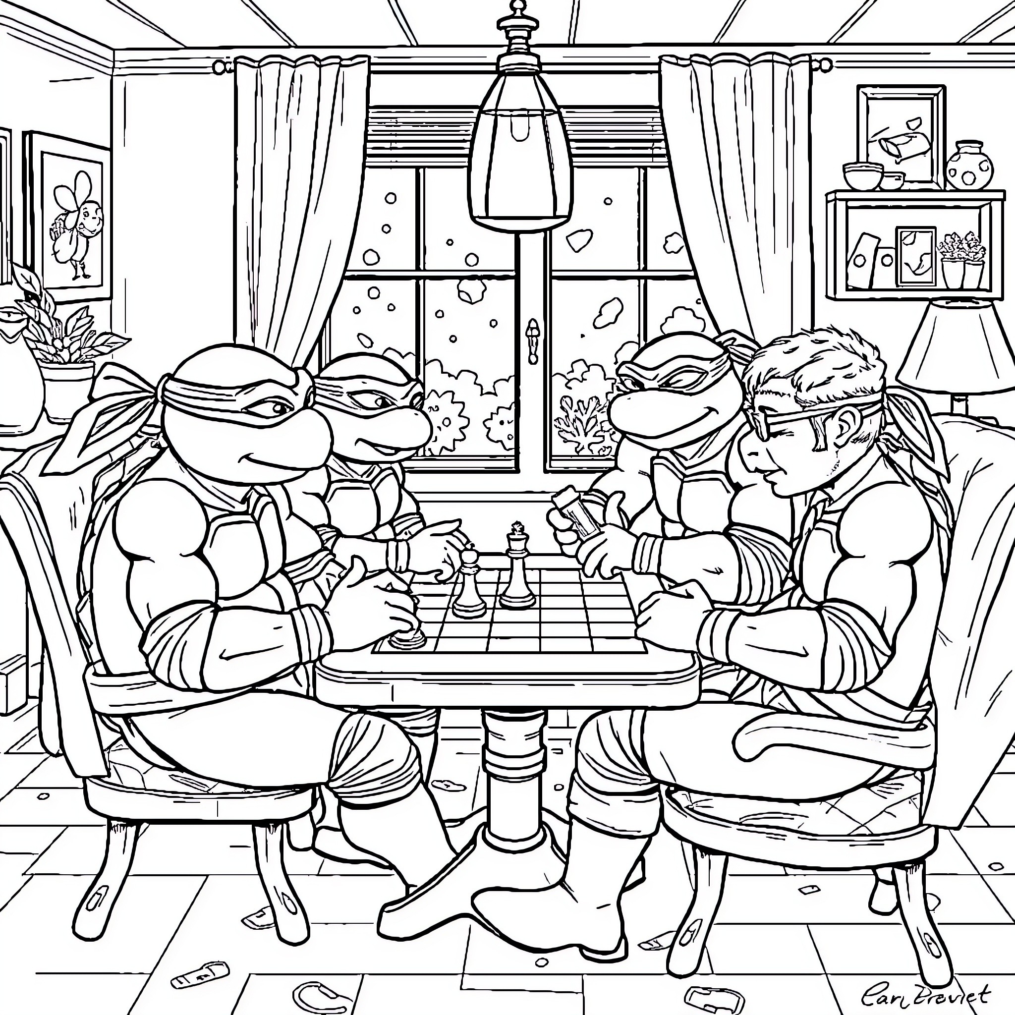 Teenage Mutant Ninja Turtles playing chess in cozy living room Coloring Page (free black-and-white line drawing printable PDF for all, from beginners to advanced learners, including children, teens, adults, and seniors)