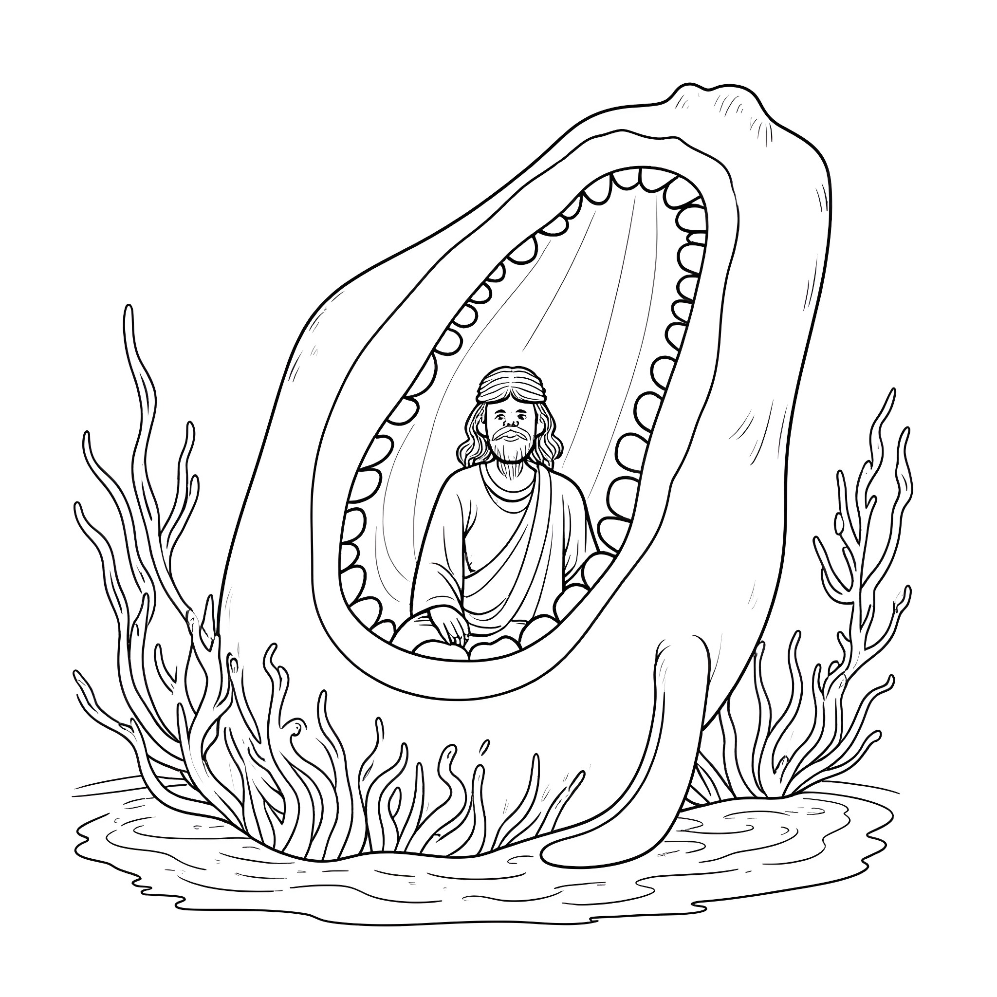Jonah in the belly of the whale Coloring Page (free black-and-white line drawing printable PDF for all, from beginners to advanced learners, including children, teens, adults, and seniors)