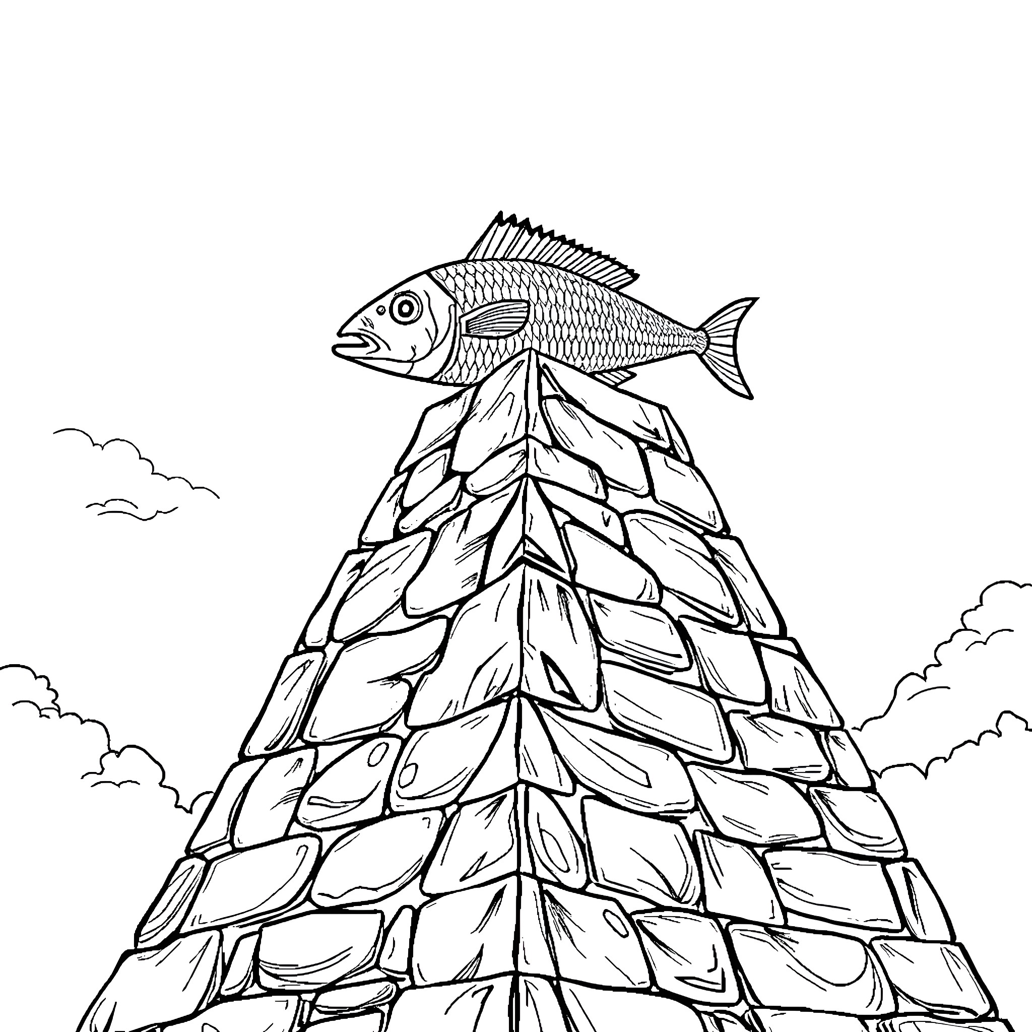 Sardine fish swimming atop a unique stone structure Coloring Page (free black-and-white line drawing printable PDF for all, from beginners to advanced learners, including children, teens, adults, and seniors)