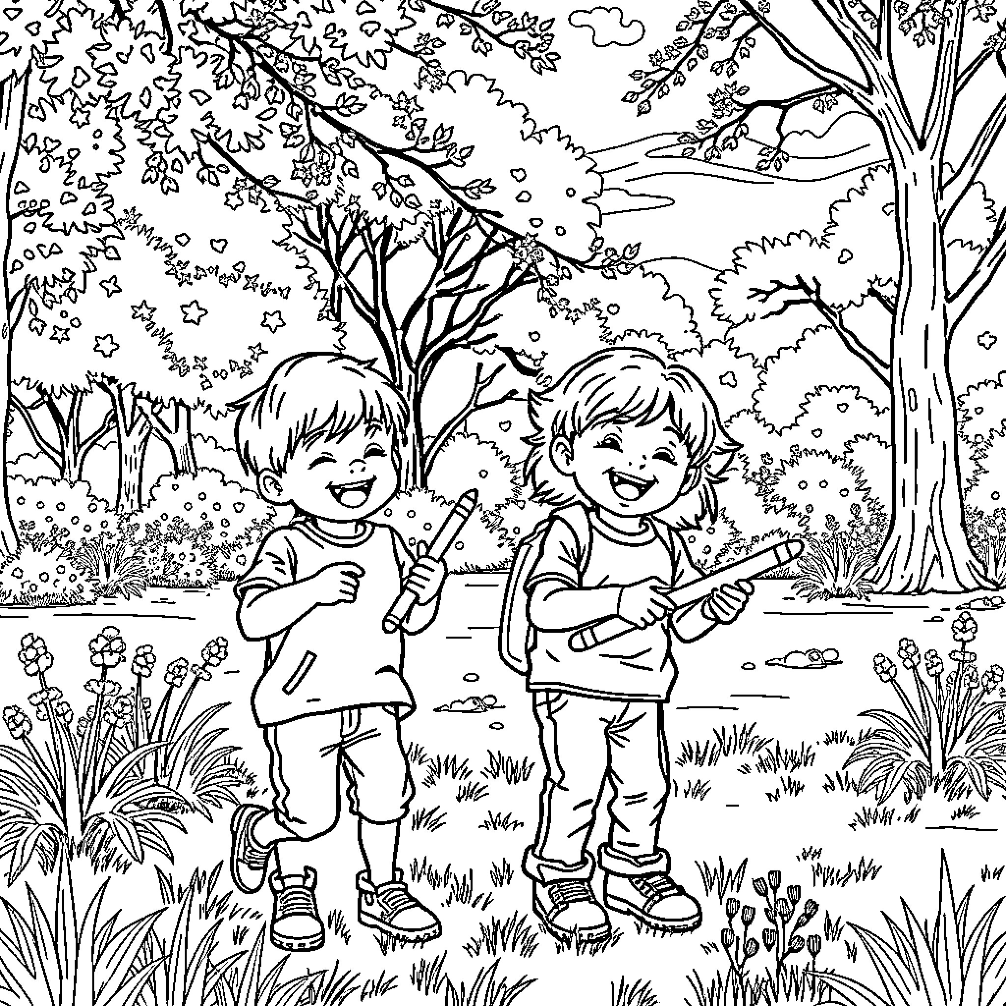 Boy friends enjoying nature together Coloring Page (free black-and-white line drawing printable PDF for all, from beginners to advanced learners, including children, teens, adults, and seniors)