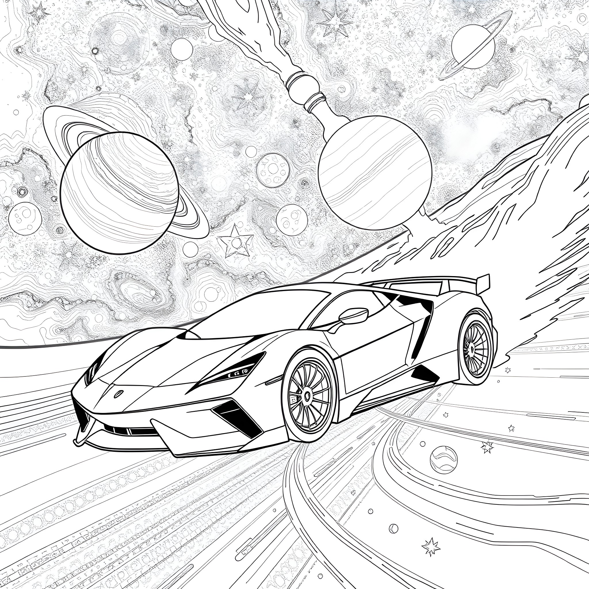 Sports Car racing through cosmic landscape Coloring Page (free black-and-white line drawing printable PDF for all, from beginners to advanced learners, including children, teens, adults, and seniors)