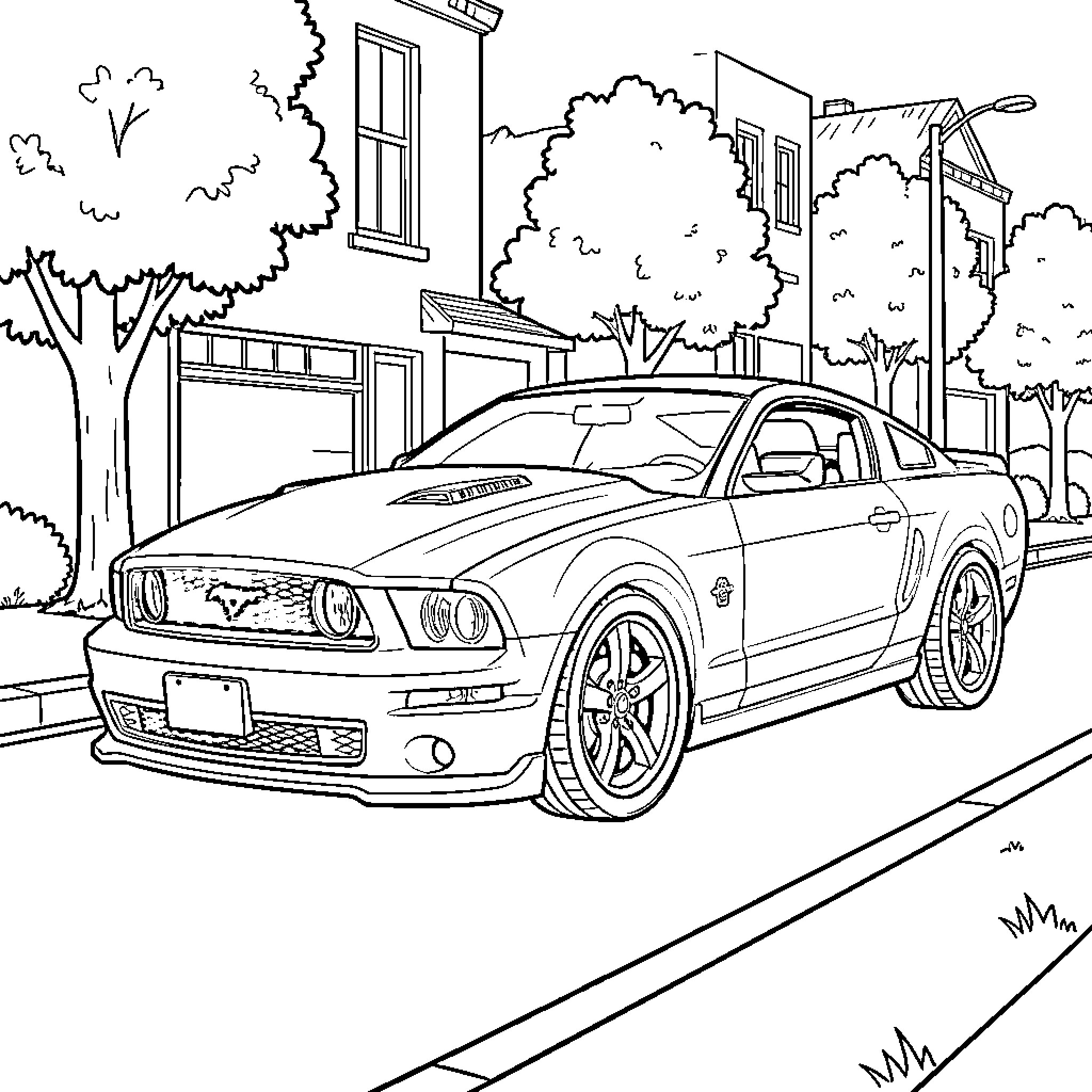 Ford Mustang parked in a scenic urban setting Coloring Page (free black-and-white line drawing printable PDF for all, from beginners to advanced learners, including children, teens, adults, and seniors)