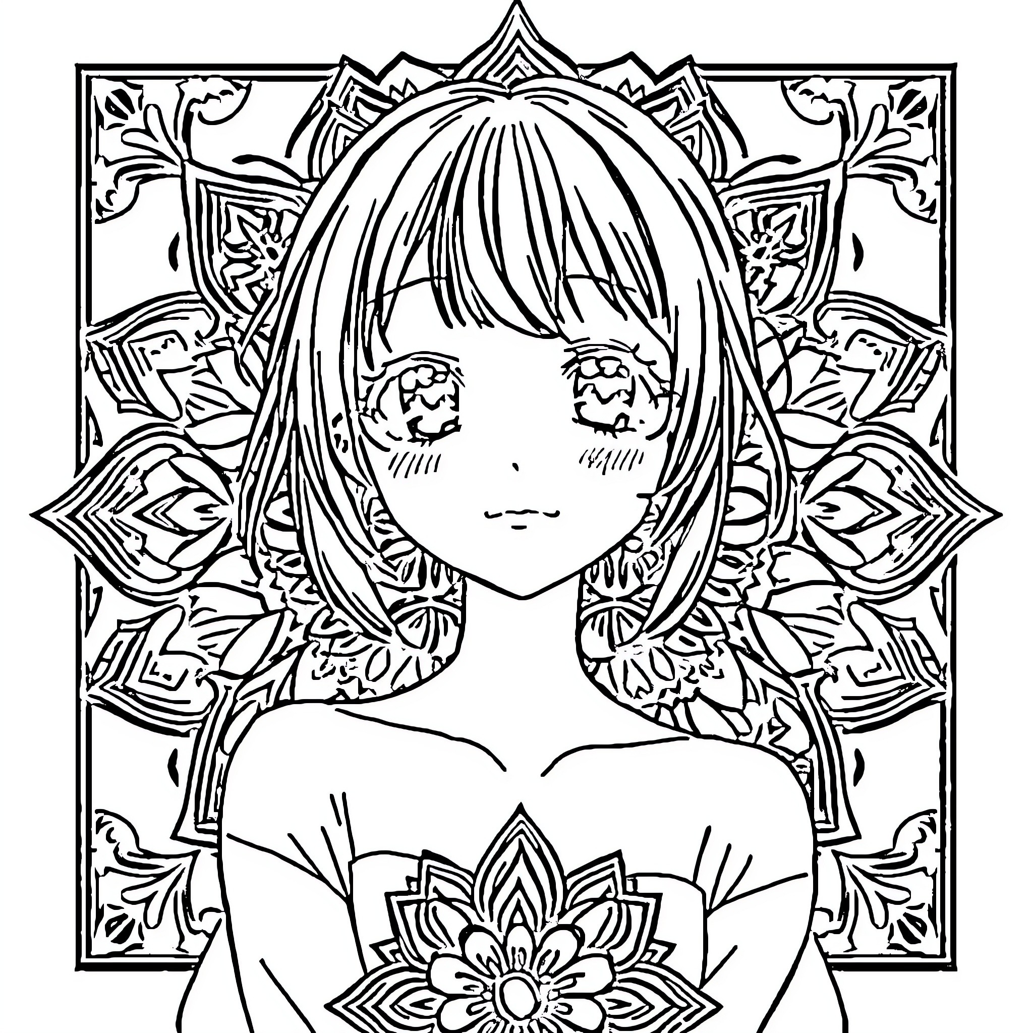 Anime Waifu with Intricate Floral Backdrop Coloring Page (free black-and-white line drawing printable PDF for all, from beginners to advanced learners, including children, teens, adults, and seniors)