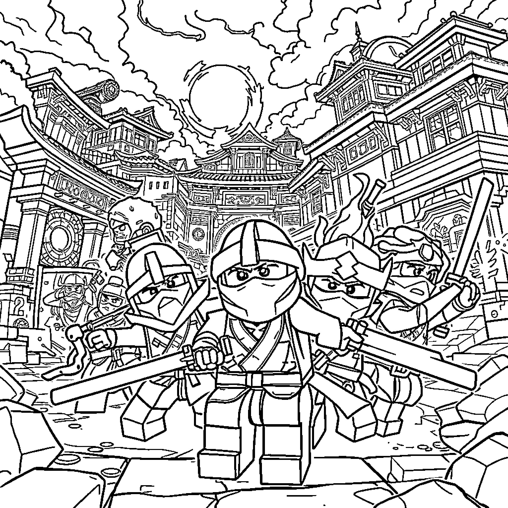 Ninjago Warriors Battling in Fantastical City Coloring Page (free black-and-white line drawing printable PDF for all, from beginners to advanced learners, including children, teens, adults, and seniors)