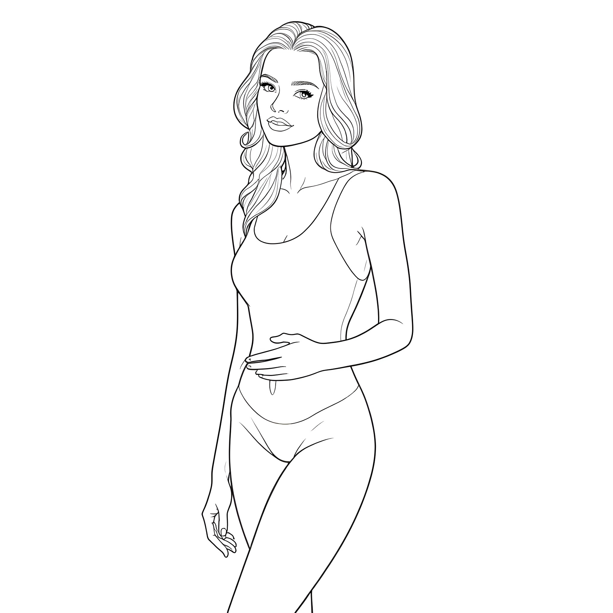 Lady in casual attire posing confidently Coloring Page (free black-and-white line drawing printable PDF for all, from beginners to advanced learners, including children, teens, adults, and seniors)
