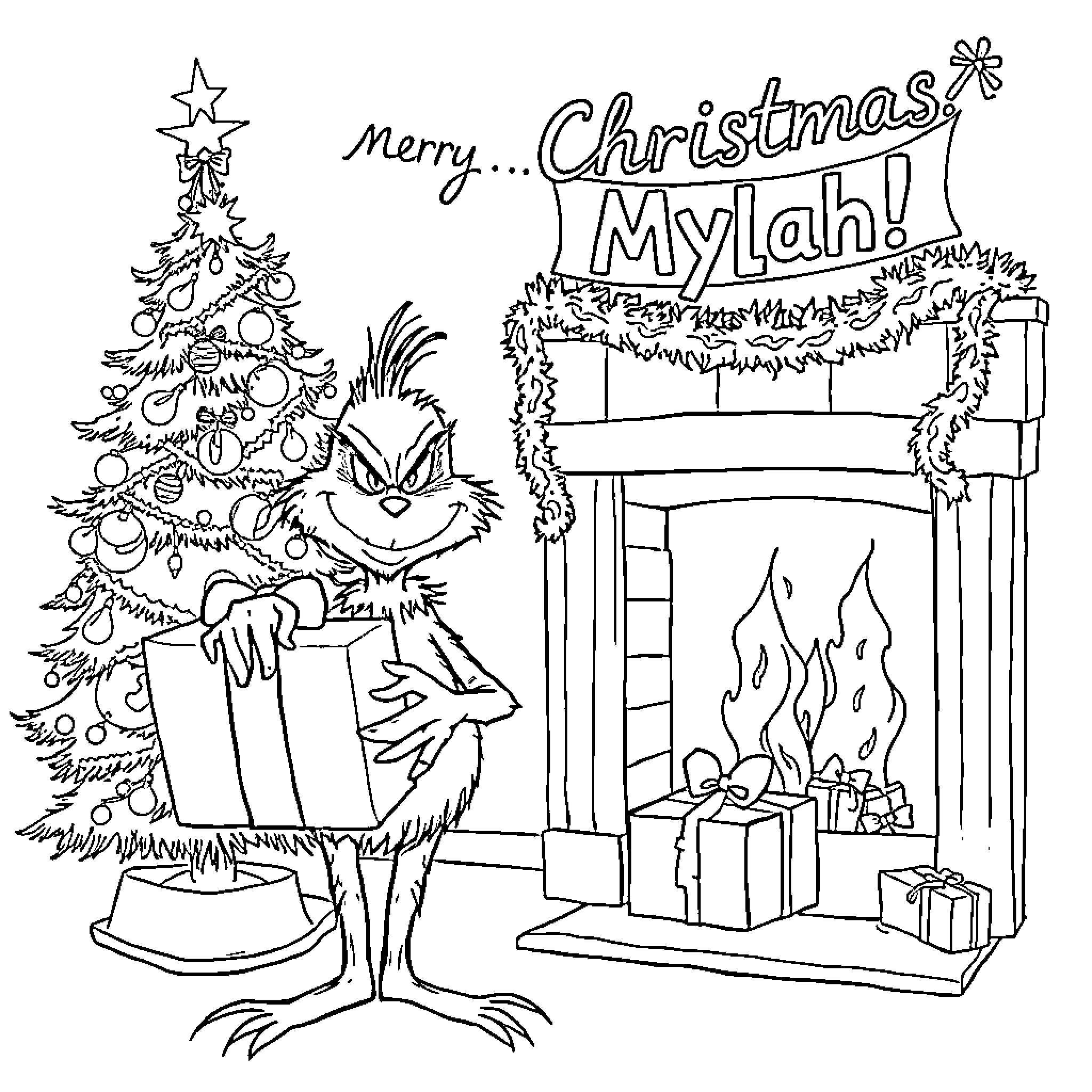 Grinch decorating Christmas tree and fireplace Coloring Page (free black-and-white line drawing printable PDF for all, from beginners to advanced learners, including children, teens, adults, and seniors)
