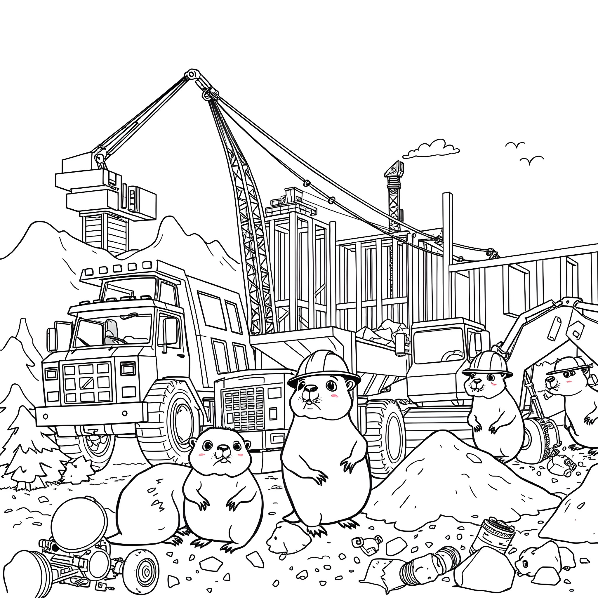 Construction Vehicle Transporting Materials at Construction Site Coloring Page (free black-and-white line drawing printable PDF for all, from beginners to advanced learners, including children, teens, adults, and seniors)