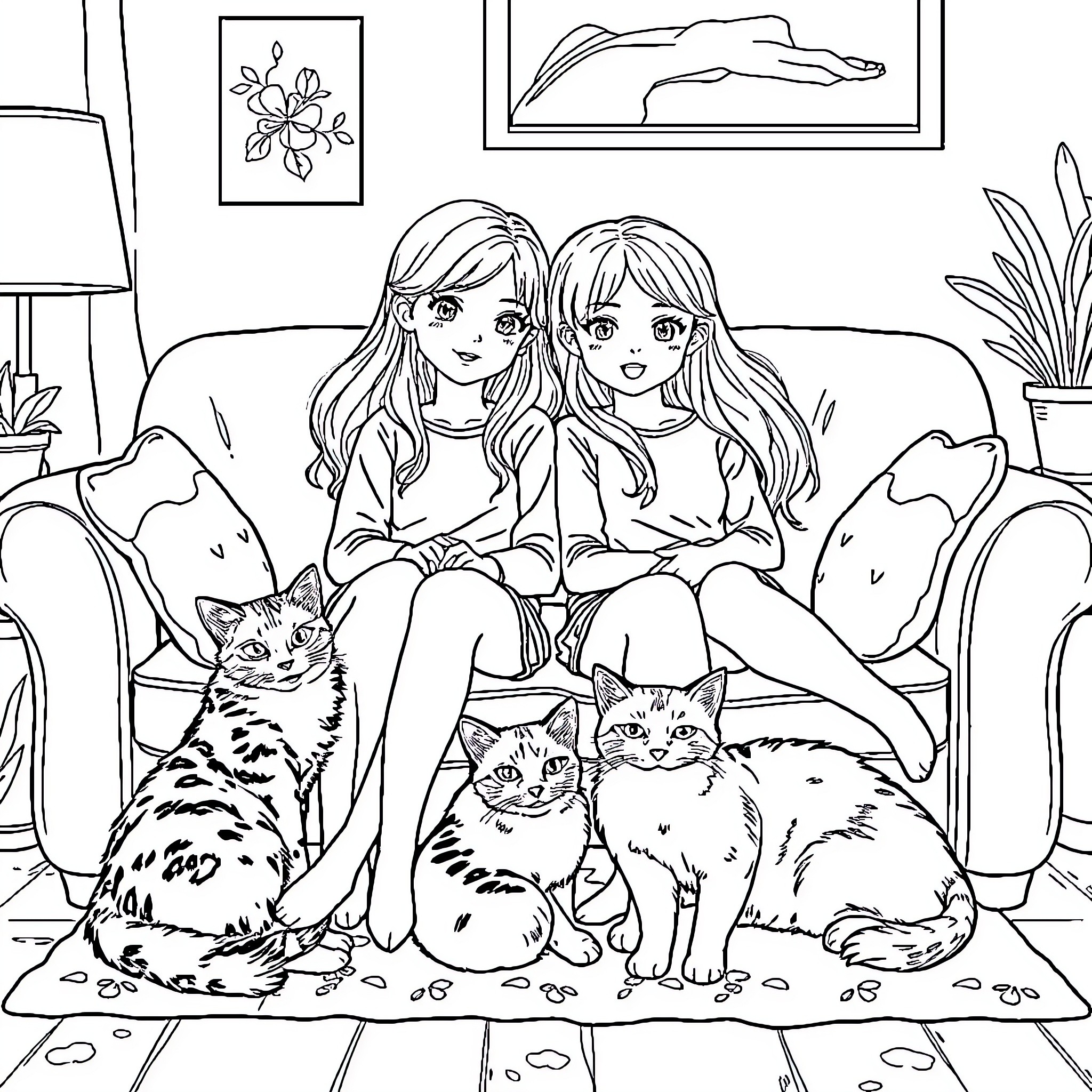 Girls with Pets Enjoying Cozy Indoor Scene Coloring Page (free black-and-white line drawing printable PDF for all, from beginners to advanced learners, including children, teens, adults, and seniors)