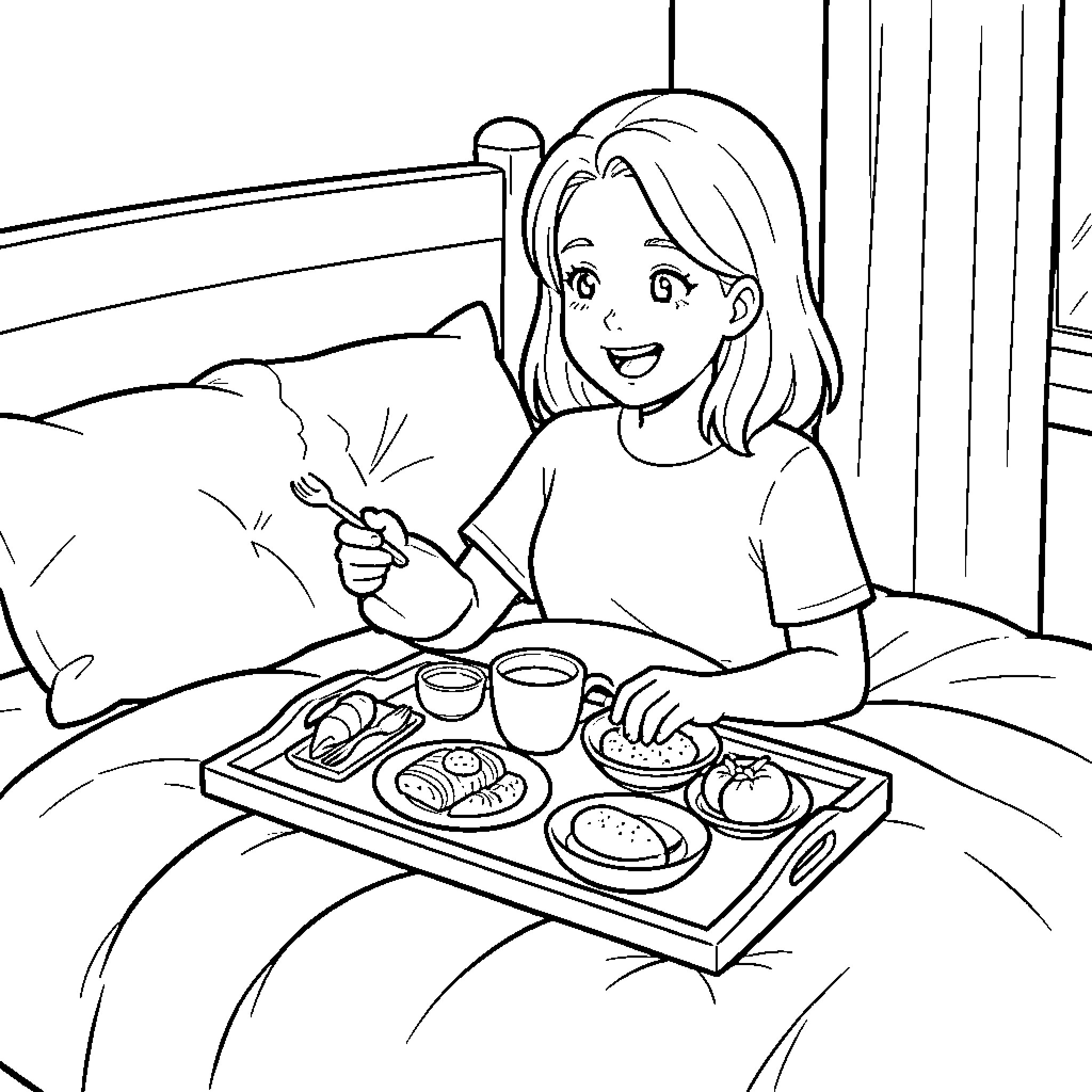 Breakfast enjoyed by a smiling girl in bed Coloring Page (free black-and-white line drawing printable PDF for all, from beginners to advanced learners, including children, teens, adults, and seniors)