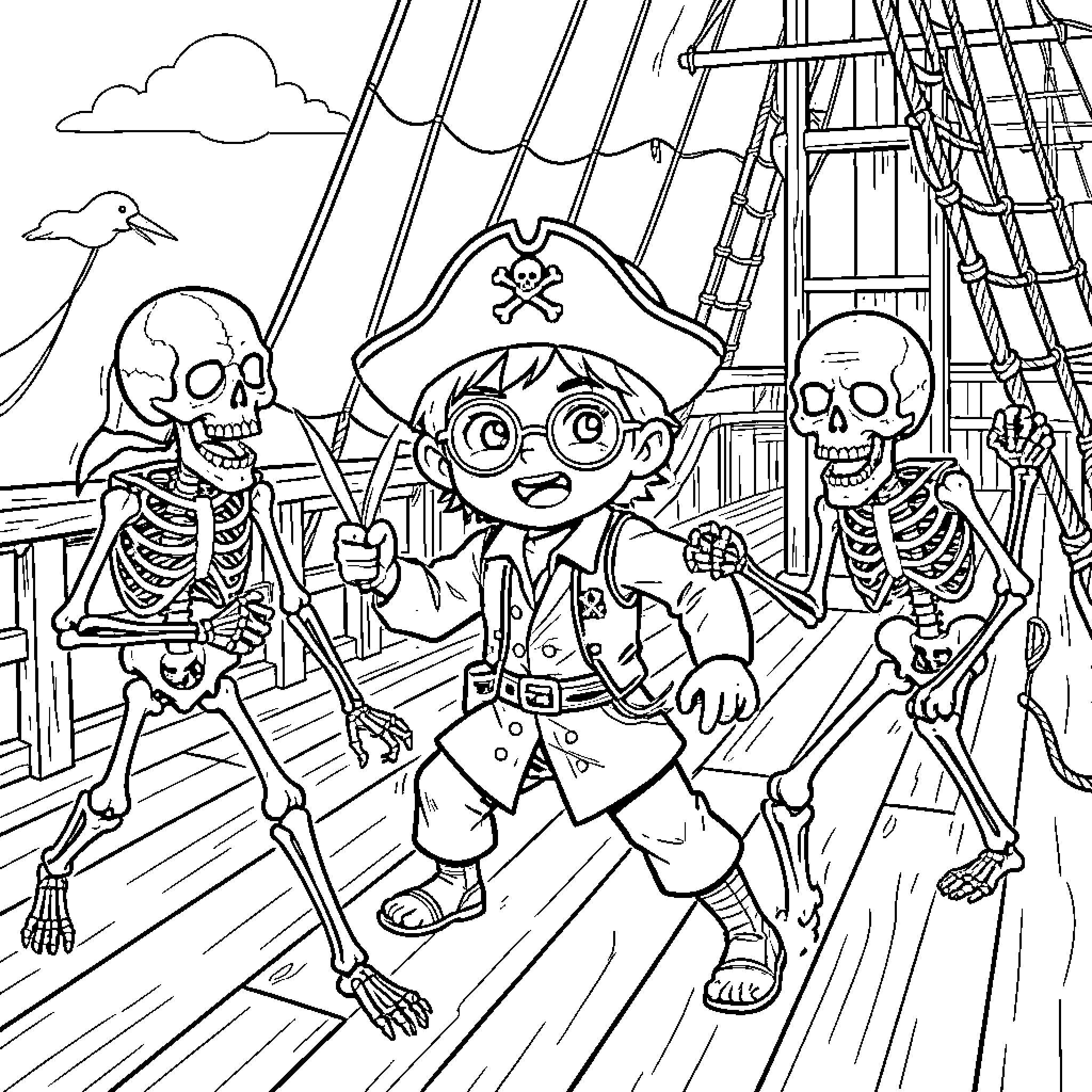 Kid dressed as a pirate dancing with skeletons Coloring Page (free black-and-white line drawing printable PDF for all, from beginners to advanced learners, including children, teens, adults, and seniors)