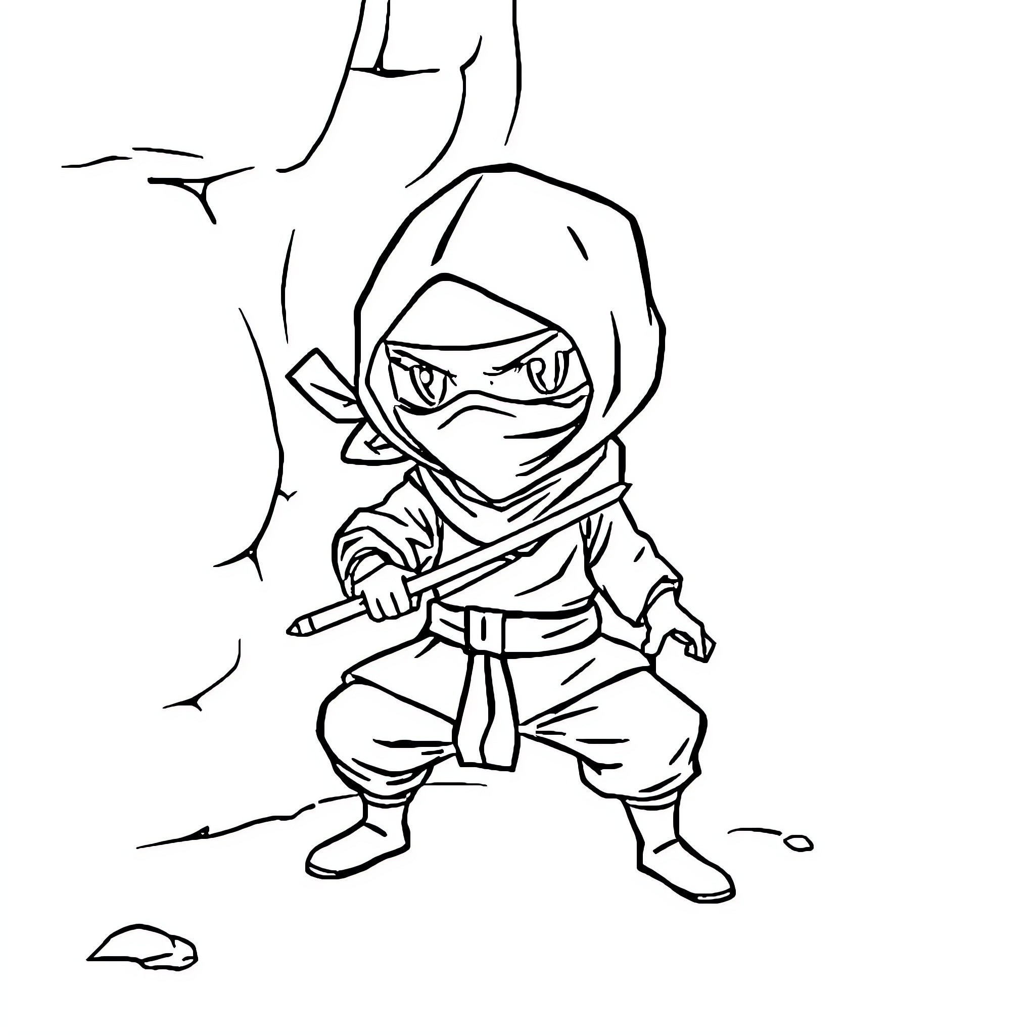 Ninja warrior wielding sword in combat stance Coloring Page (free black-and-white line drawing printable PDF for all, from beginners to advanced learners, including children, teens, adults, and seniors)