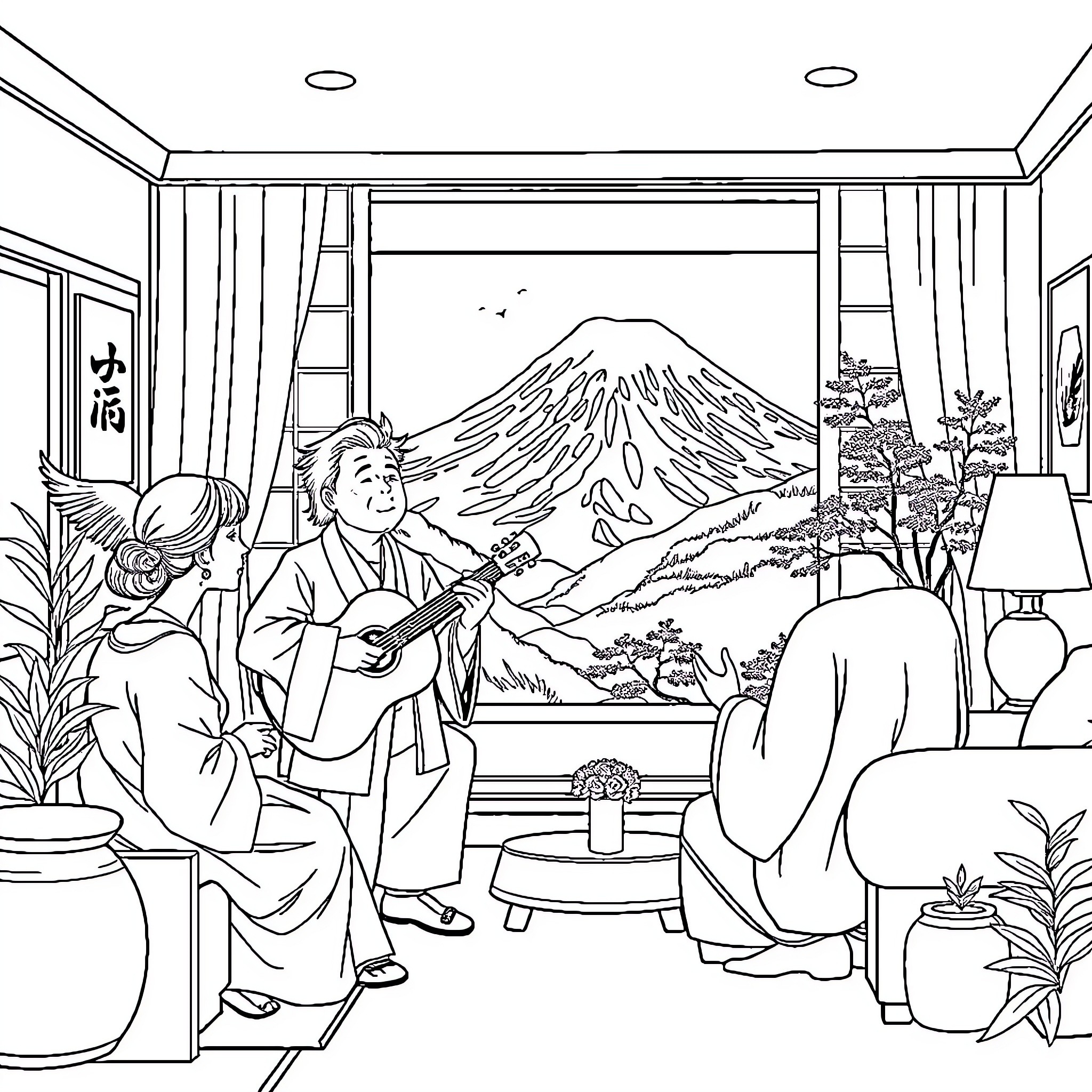 Hombre playing guitar in traditional Japanese room Coloring Page (free black-and-white line drawing printable PDF for all, from beginners to advanced learners, including children, teens, adults, and seniors)