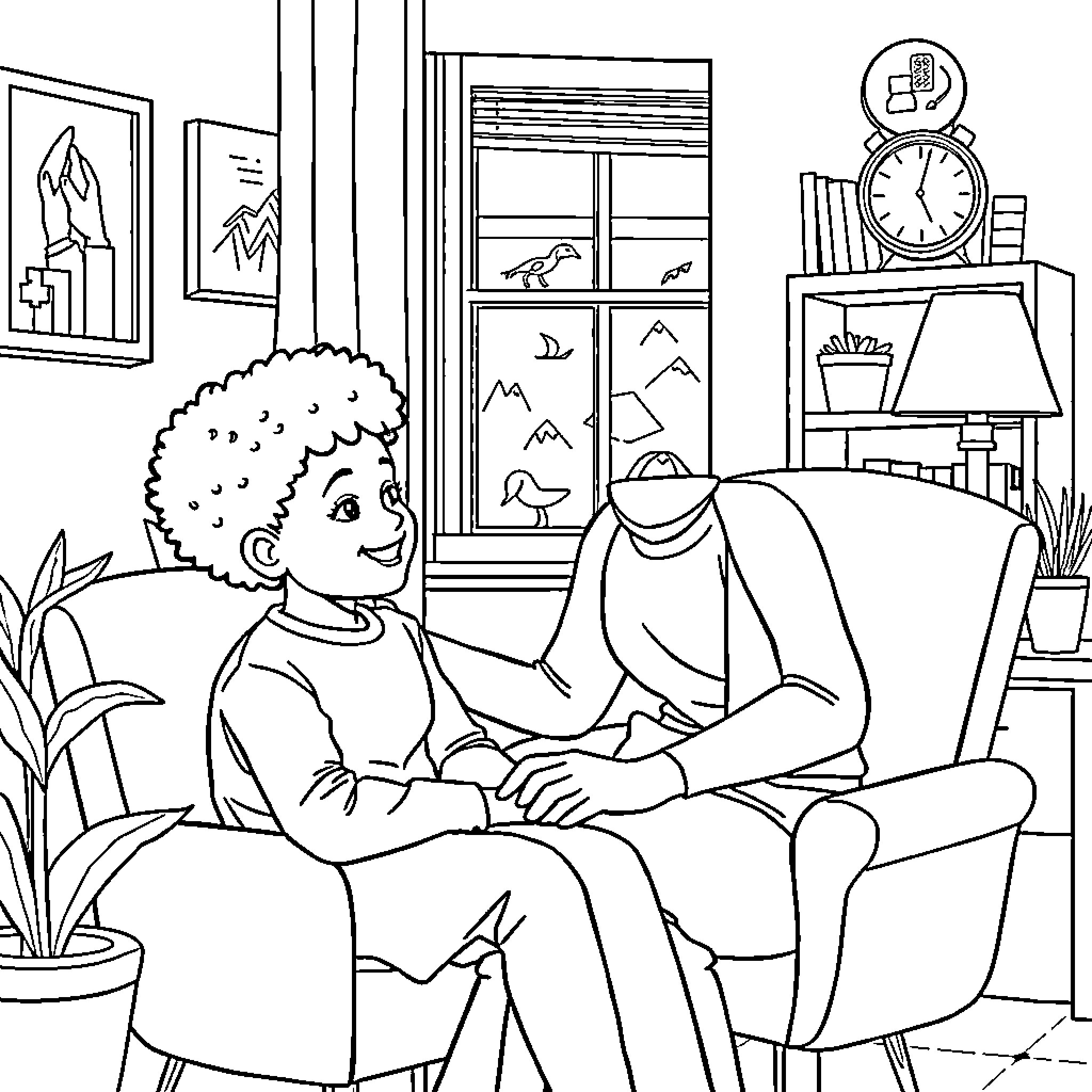 Psychiatrist comforting and counseling patient in their office Coloring Page (free black-and-white line drawing printable PDF for all, from beginners to advanced learners, including children, teens, adults, and seniors)