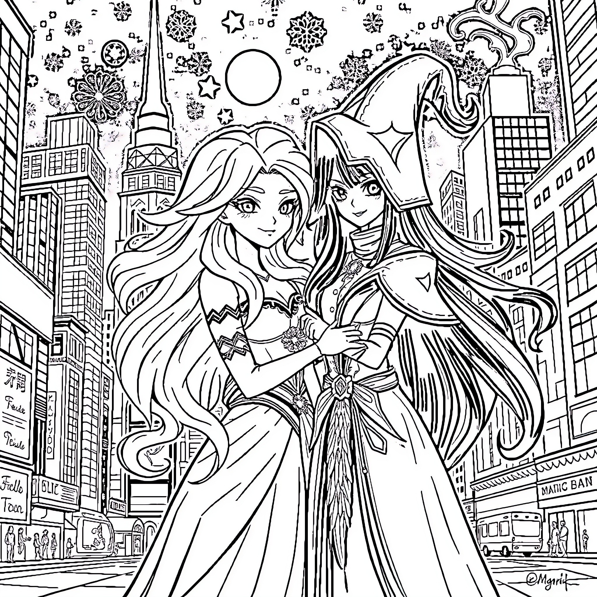 Luna's Whimsical Adventure in the City Coloring Page (free black-and-white line drawing printable PDF for all, from beginners to advanced learners, including children, teens, adults, and seniors)