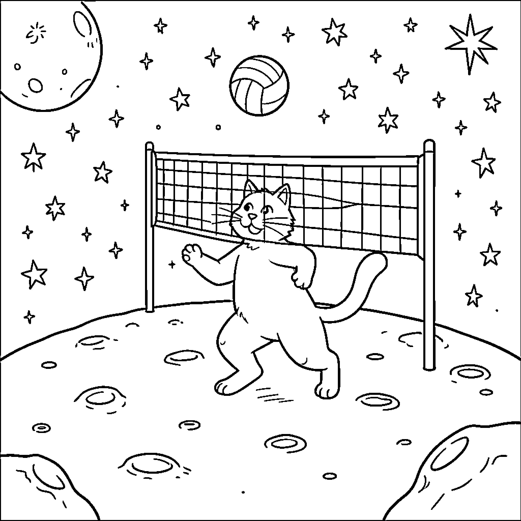 Gato playing volleyball under the stars Coloring Page (free black-and-white line drawing printable PDF for all, from beginners to advanced learners, including children, teens, adults, and seniors)