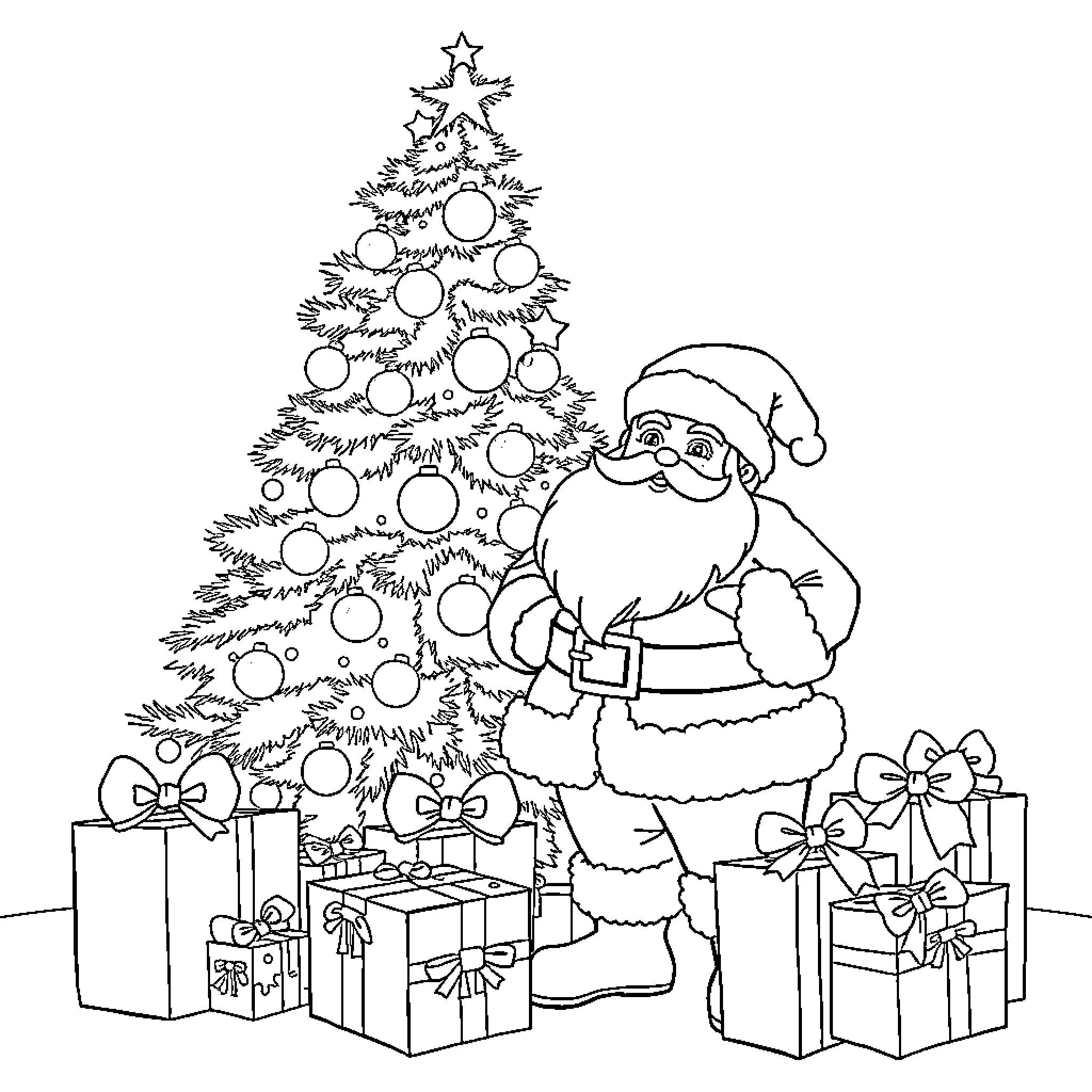 Santa decorating Christmas tree with presents Coloring Page (free black-and-white line drawing printable PDF for all, from beginners to advanced learners, including children, teens, adults, and seniors)