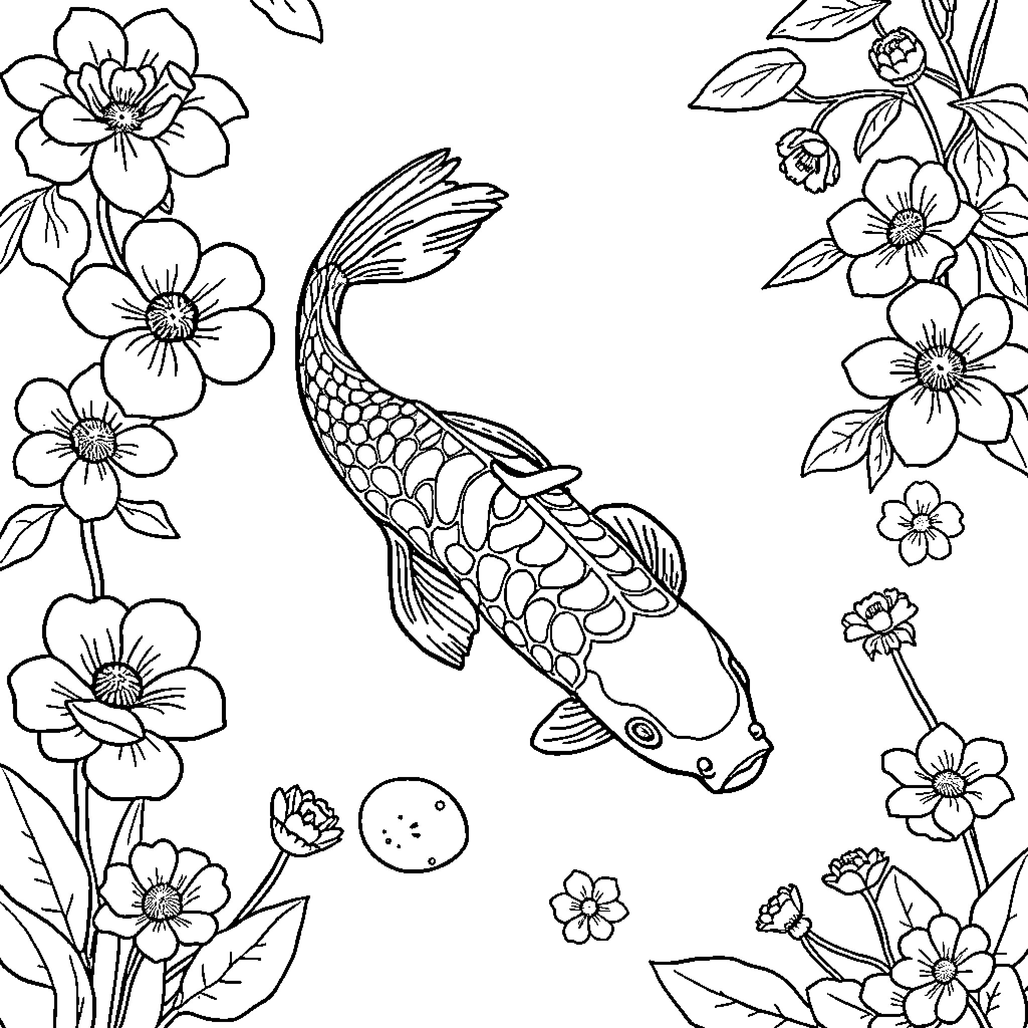 Koi Fish swimming amidst blooming flowers Coloring Page (free black-and-white line drawing printable PDF for all, from beginners to advanced learners, including children, teens, adults, and seniors)
