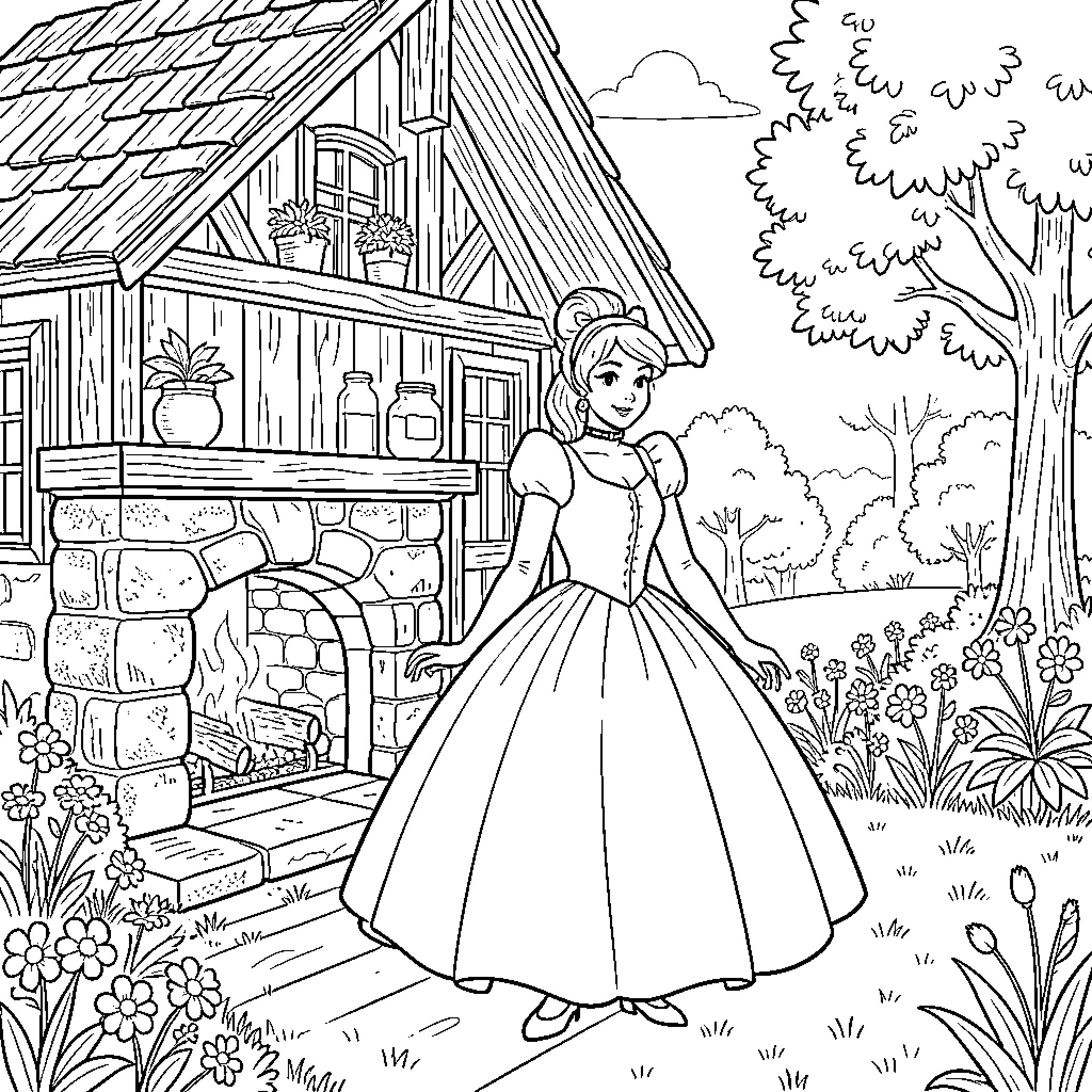 Cinderella standing in front of her cottage Coloring Page (free black-and-white line drawing printable PDF for all, from beginners to advanced learners, including children, teens, adults, and seniors)
