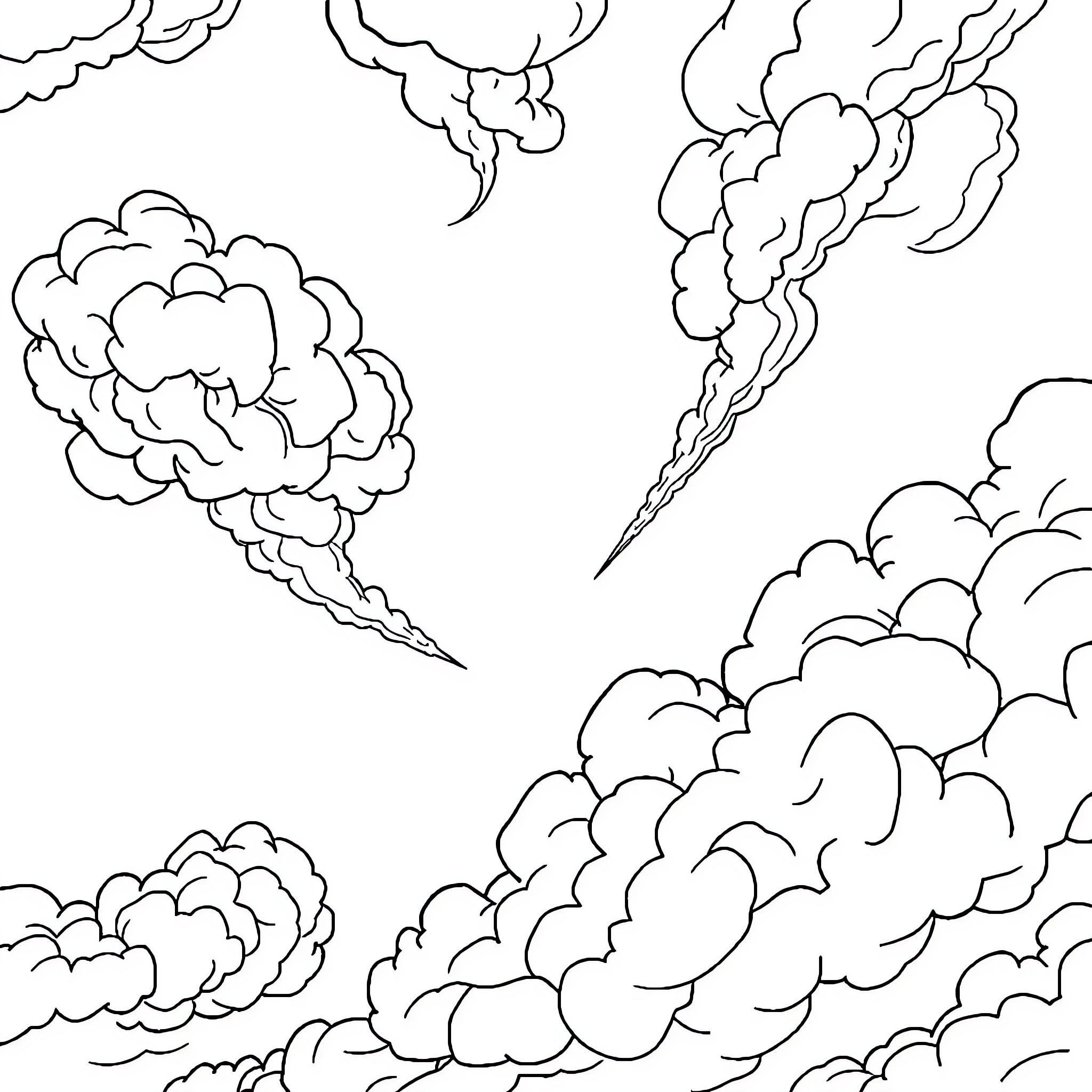 Cloud formations with dynamic shapes and patterns Coloring Page (free black-and-white line drawing printable PDF for all, from beginners to advanced learners, including children, teens, adults, and seniors)