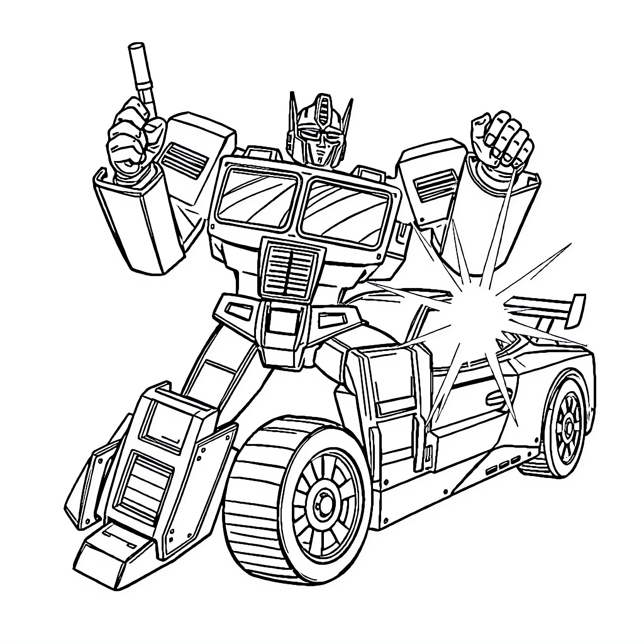 Optimus Prime transforms to battle mode Coloring Page (free black-and-white line drawing printable PDF for all, from beginners to advanced learners, including children, teens, adults, and seniors)