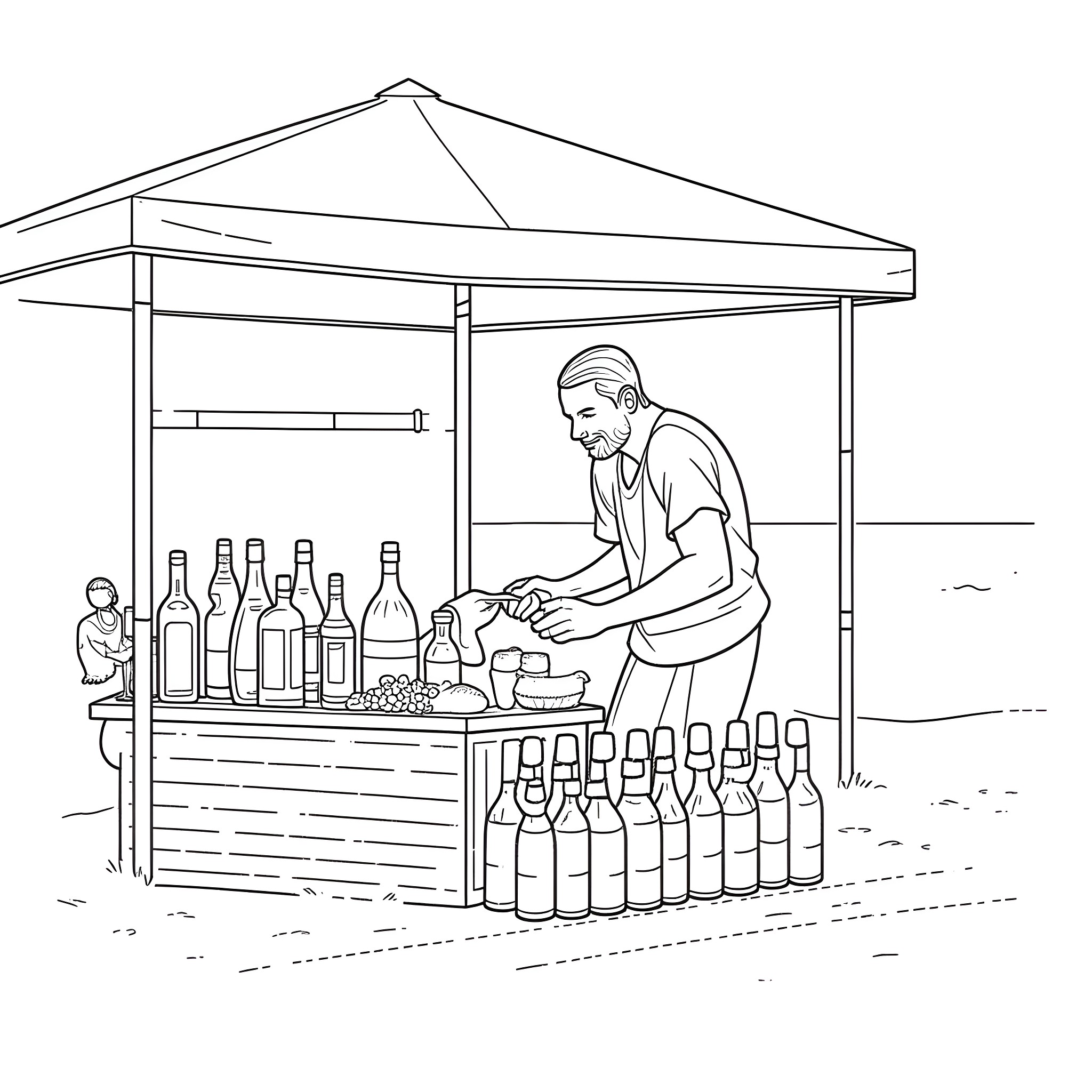 Wine vendor selling bottles in the outdoor market Coloring Page (free black-and-white line drawing printable PDF for all, from beginners to advanced learners, including children, teens, adults, and seniors)