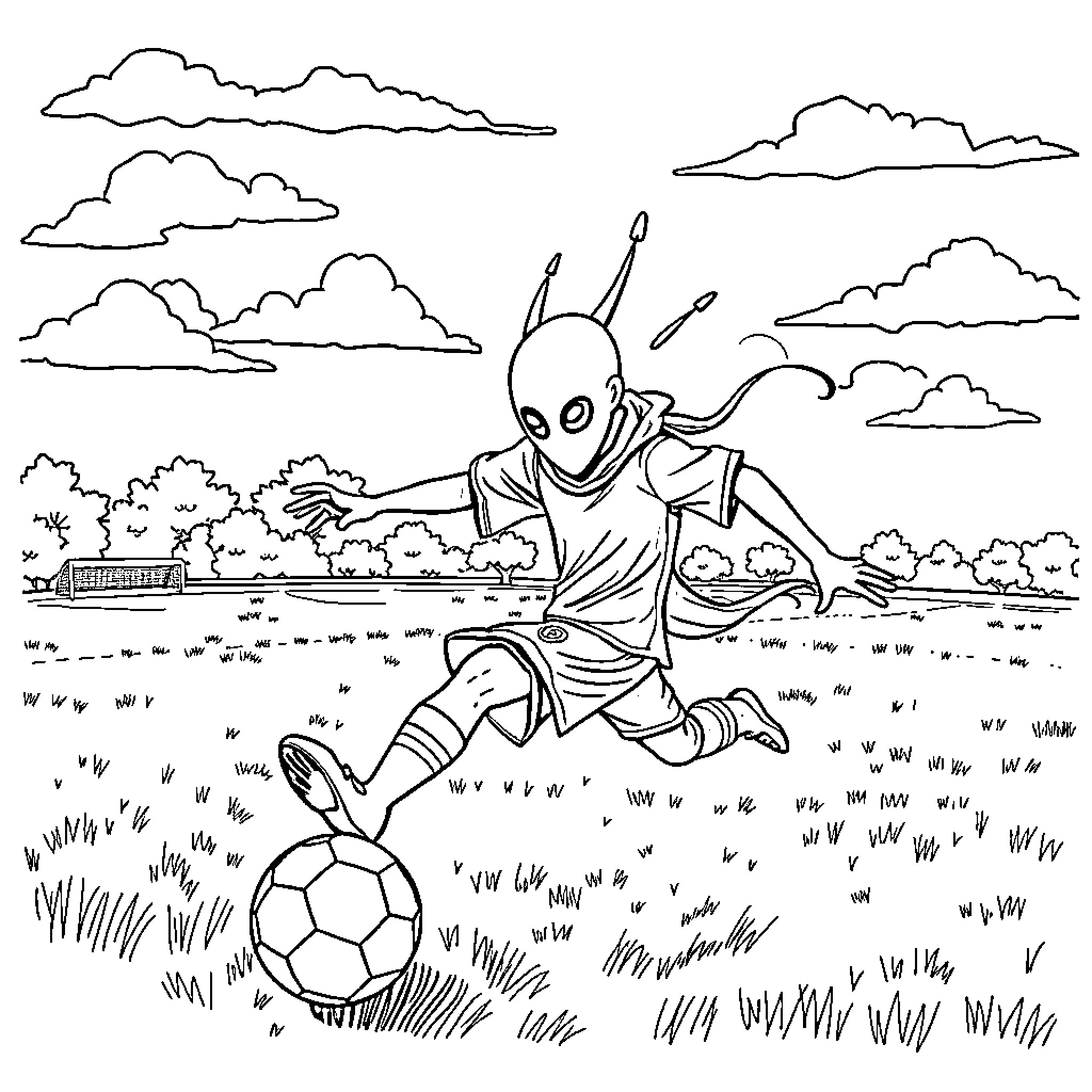 Kaonashi playing joyfully with a soccer ball in the countryside Coloring Page (free black-and-white line drawing printable PDF for all, from beginners to advanced learners, including children, teens, adults, and seniors)