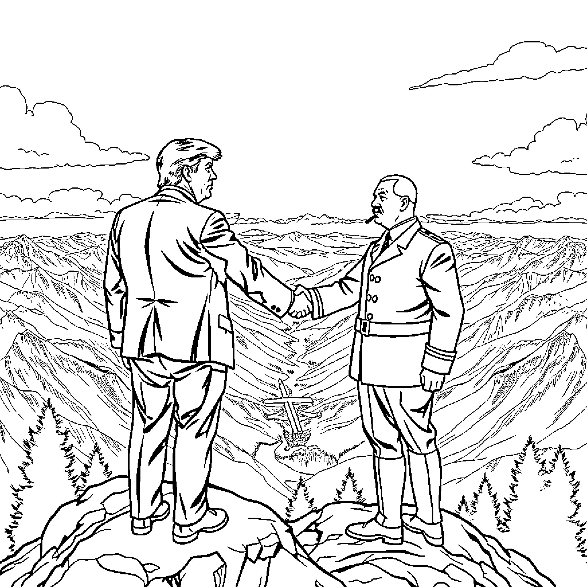 Donald Trump shakes hands with political rival on mountain top Coloring Page (free black-and-white line drawing printable PDF for all, from beginners to advanced learners, including children, teens, adults, and seniors)