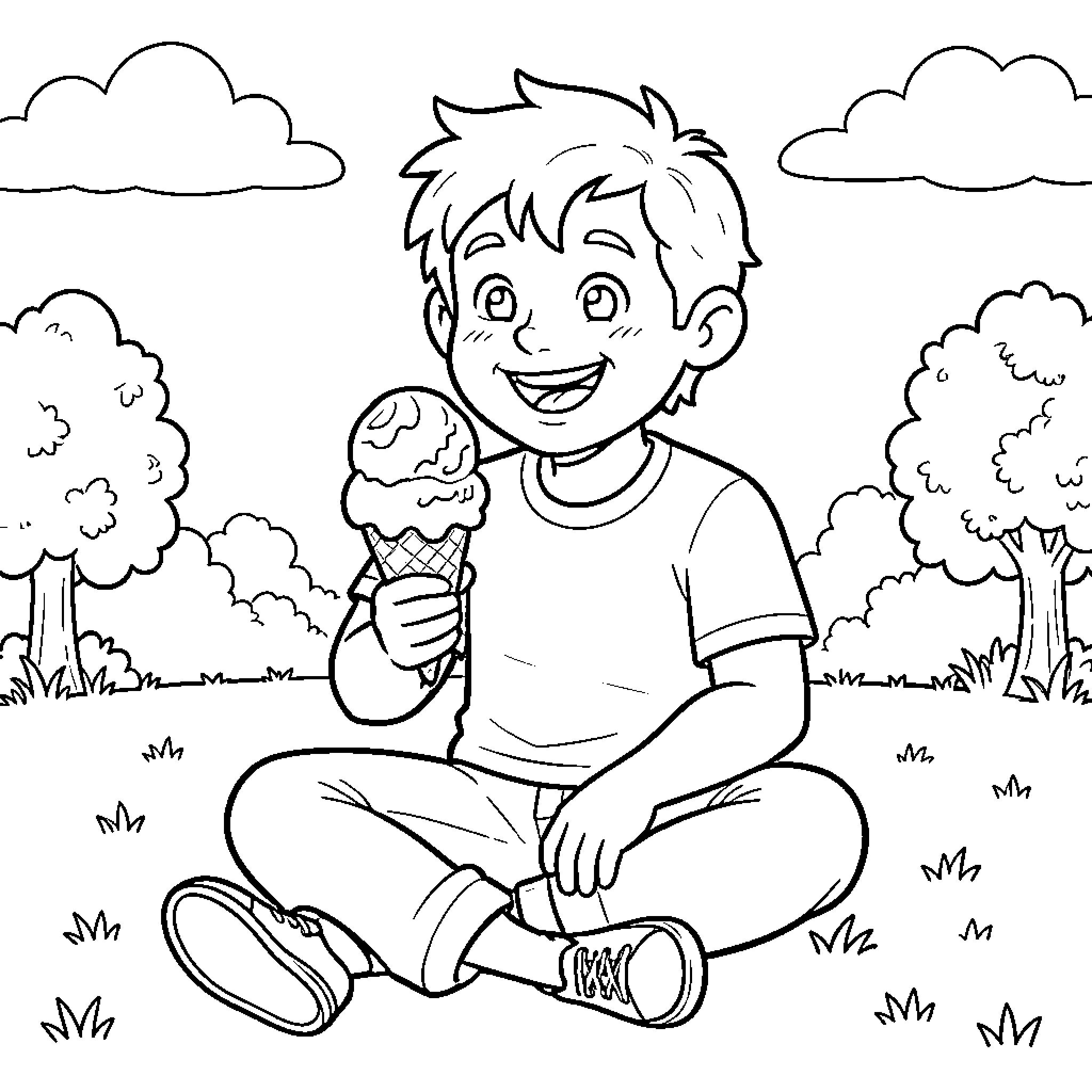 Jack Nicholas enjoys an ice cream treat in the park Coloring Page (free black-and-white line drawing printable PDF for all, from beginners to advanced learners, including children, teens, adults, and seniors)