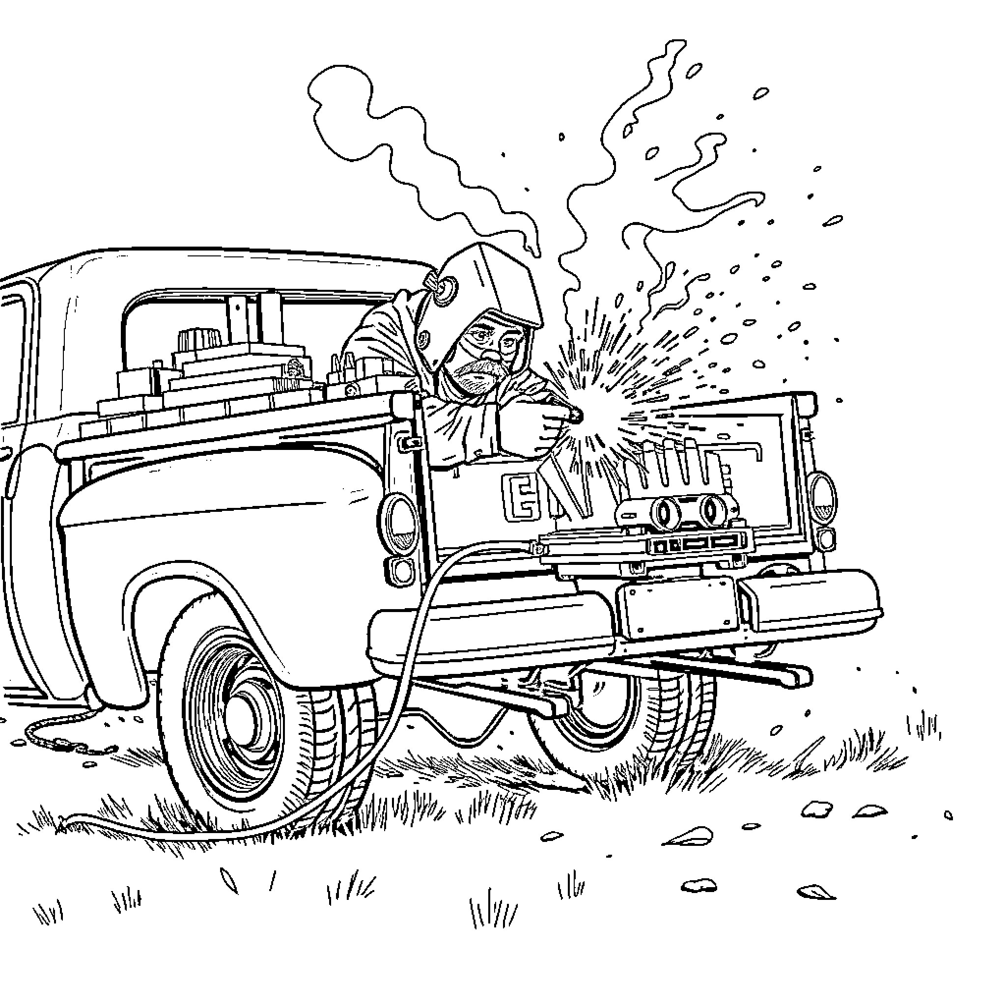 Welder working on vintage truck with sparks Coloring Page (free black-and-white line drawing printable PDF for all, from beginners to advanced learners, including children, teens, adults, and seniors)