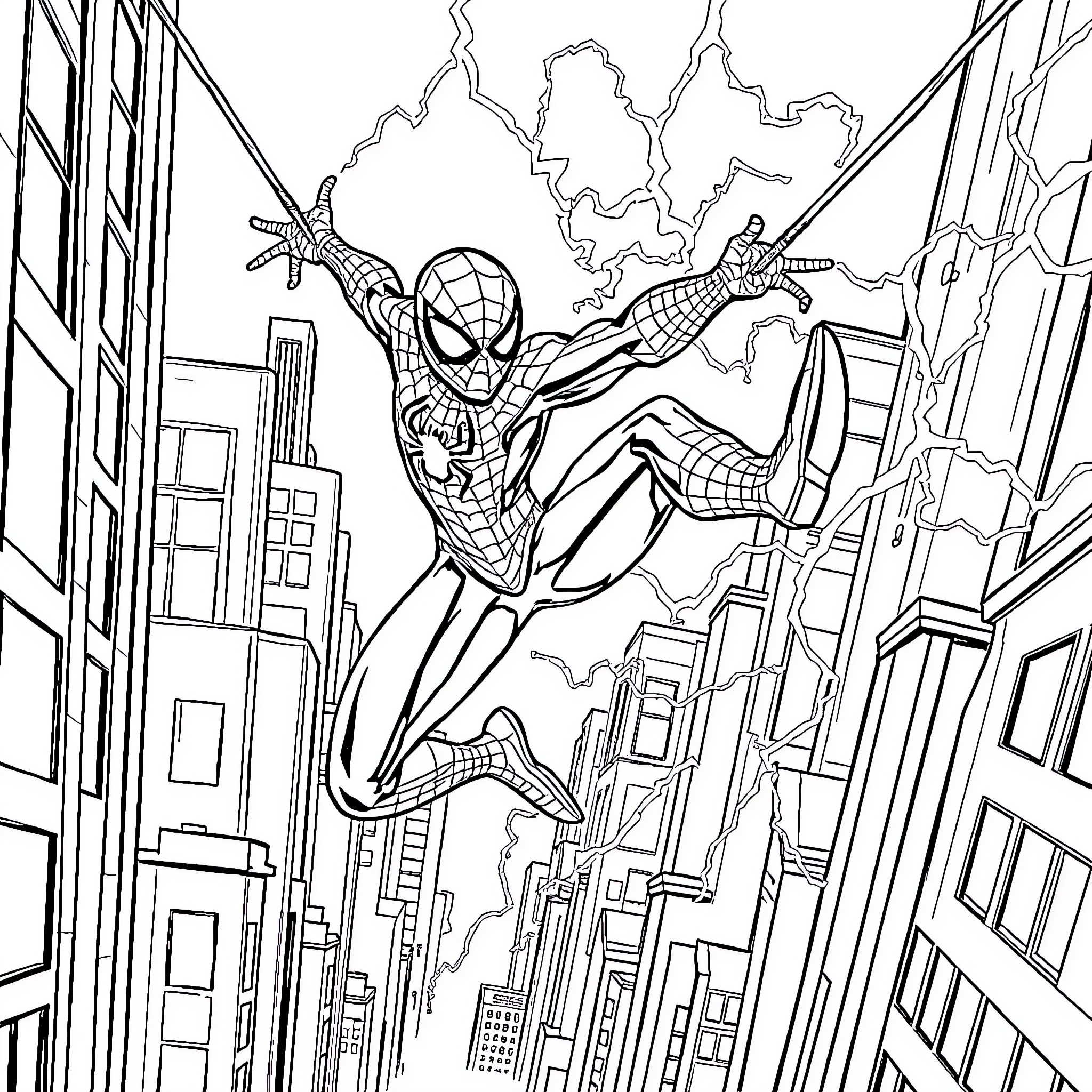 Spidey swinging through the city skyline Coloring Page (free black-and-white line drawing printable PDF for all, from beginners to advanced learners, including children, teens, adults, and seniors)