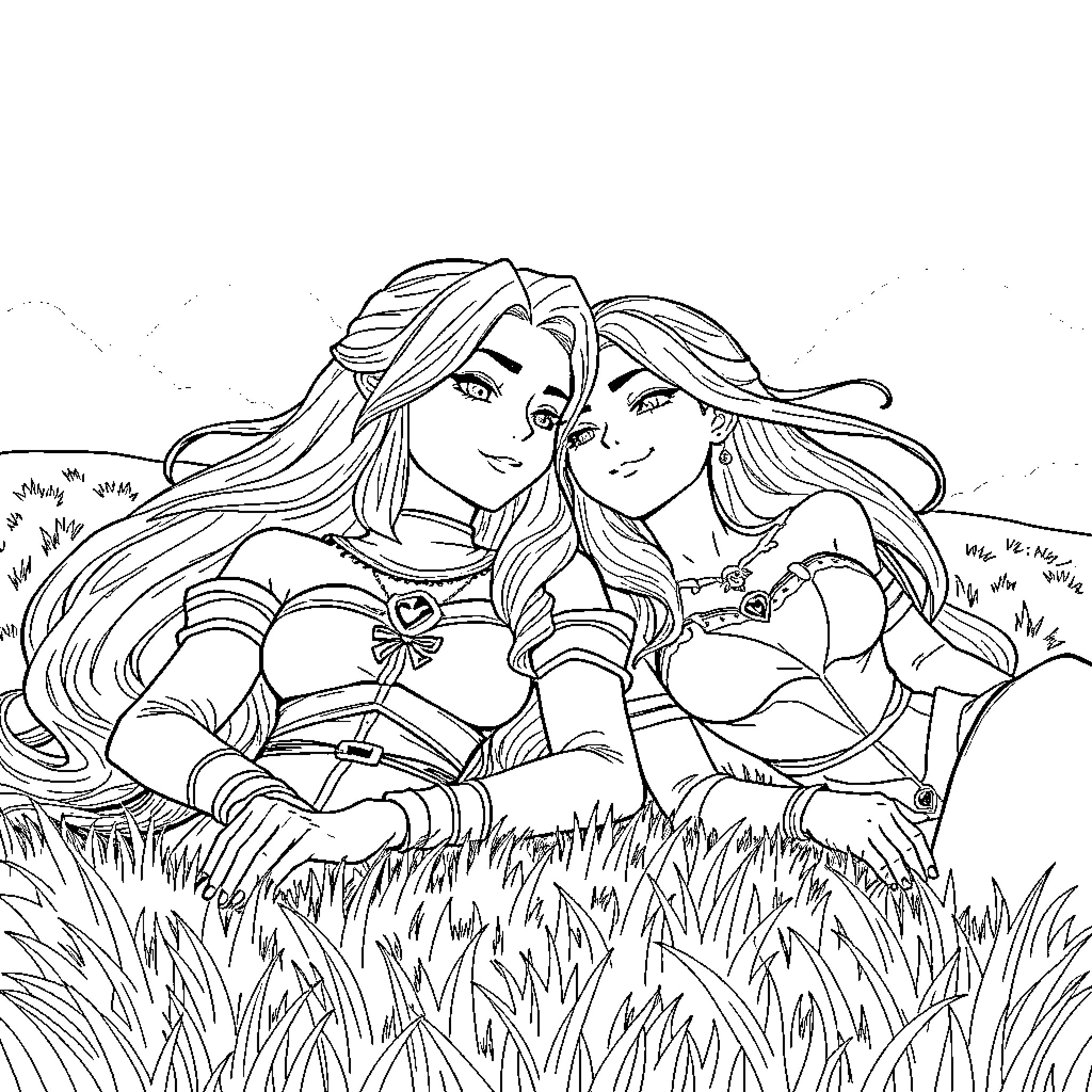 Caitlyn and friend embrace in a grassy field Coloring Page (free black-and-white line drawing printable PDF for all, from beginners to advanced learners, including children, teens, adults, and seniors)