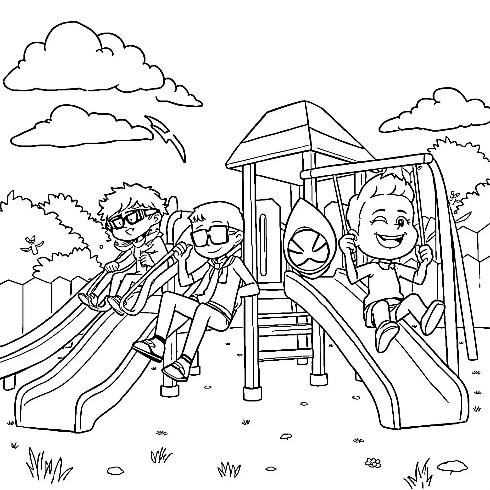 Spy X Family Enjoying a Fun Day at the Playground Coloring Page (free black-and-white line drawing printable PDF for all, from beginners to advanced learners, including children, teens, adults, and seniors)