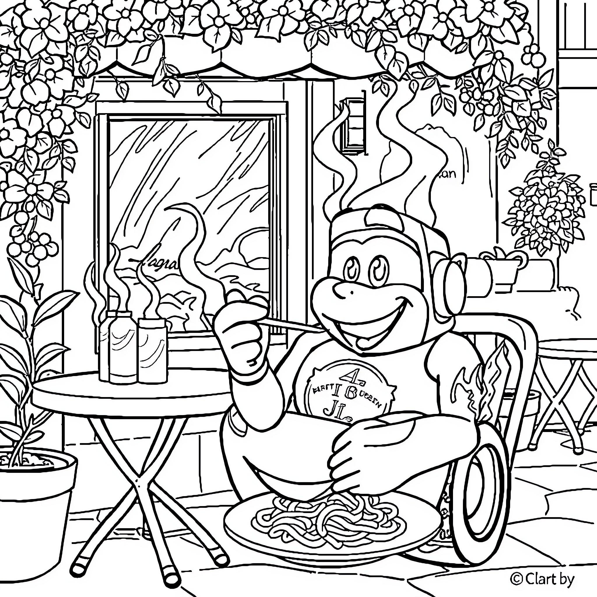 Lightning McQueen Enjoys a Cozy Outdoor Meal Coloring Page (free black-and-white line drawing printable PDF for all, from beginners to advanced learners, including children, teens, adults, and seniors)