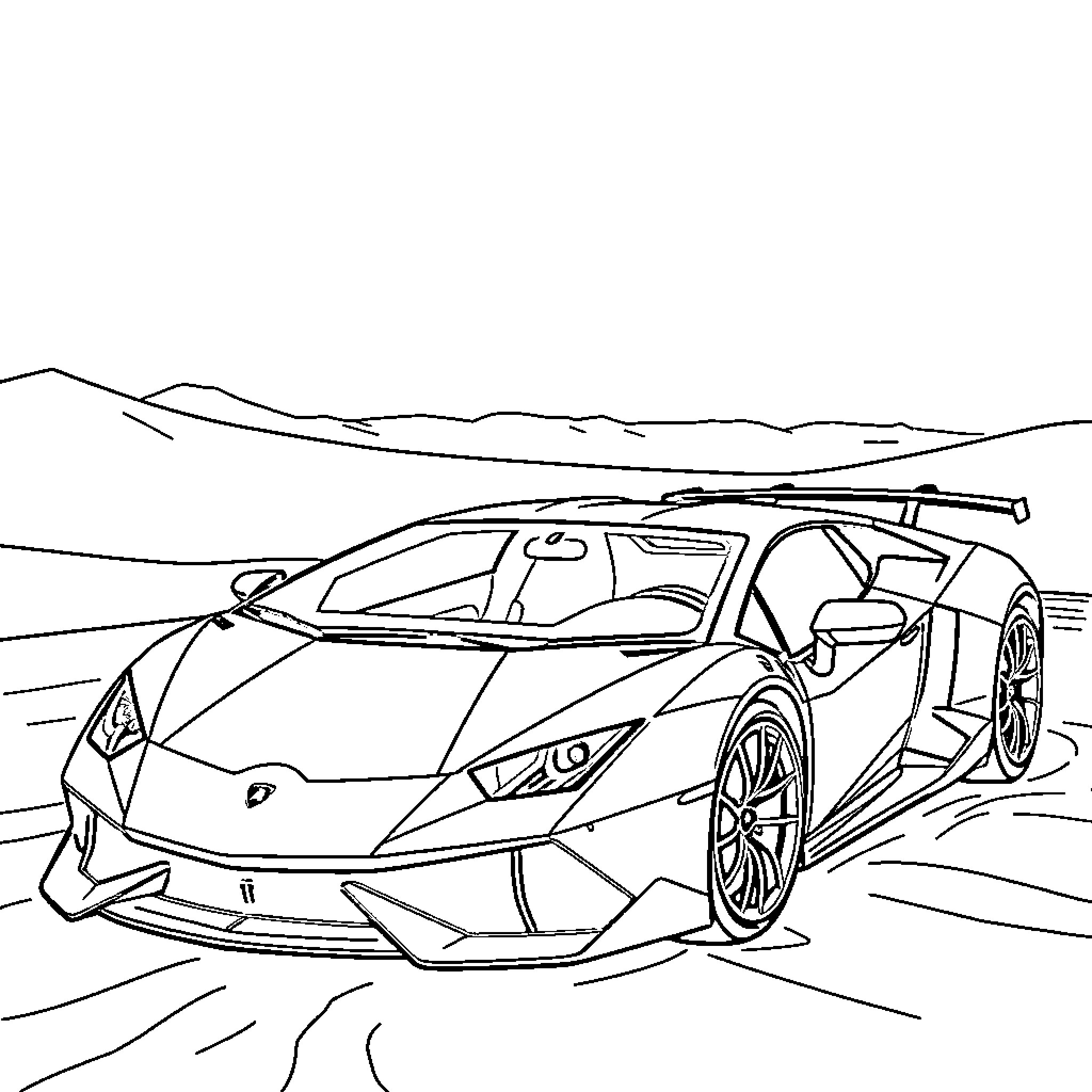 Lamborghini speeding through the countryside Coloring Page (free black-and-white line drawing printable PDF for all, from beginners to advanced learners, including children, teens, adults, and seniors)