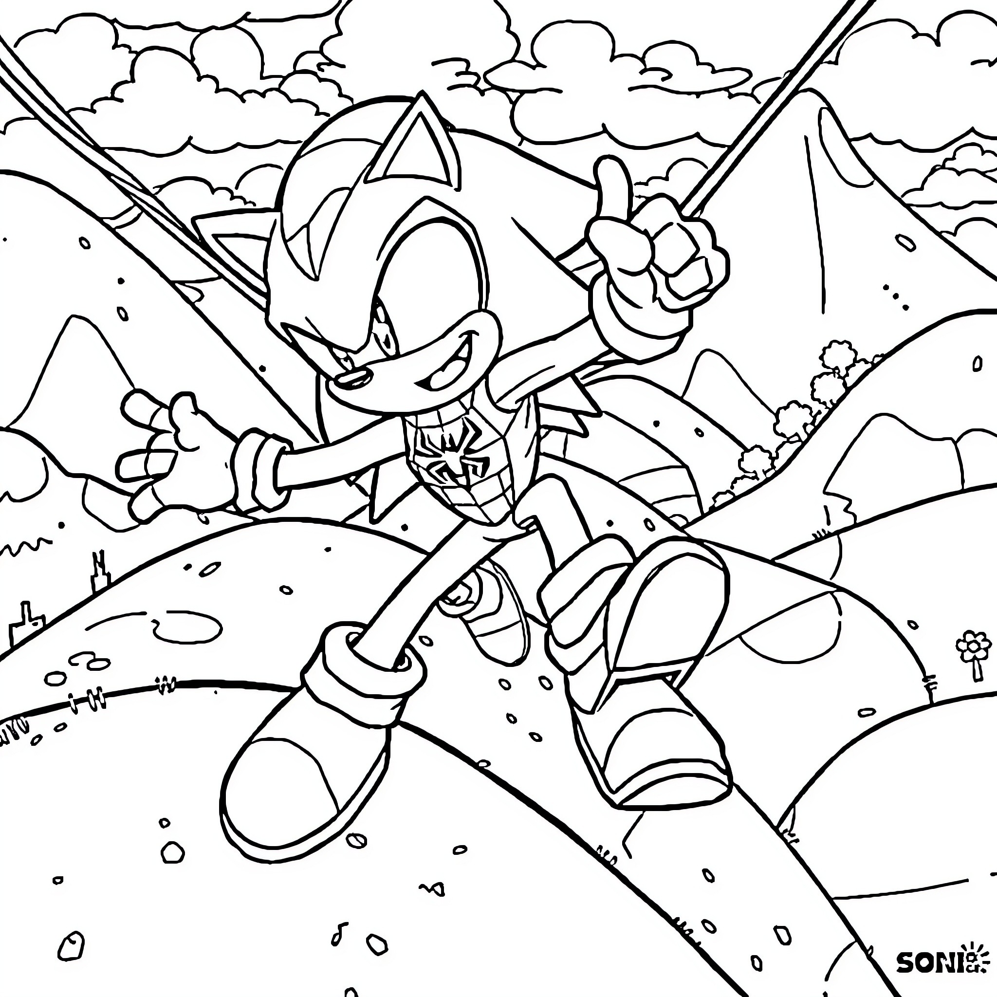 Sonic's Adventurous Journey through the Scenic Landscape Coloring Page (free black-and-white line drawing printable PDF for all, from beginners to advanced learners, including children, teens, adults, and seniors)