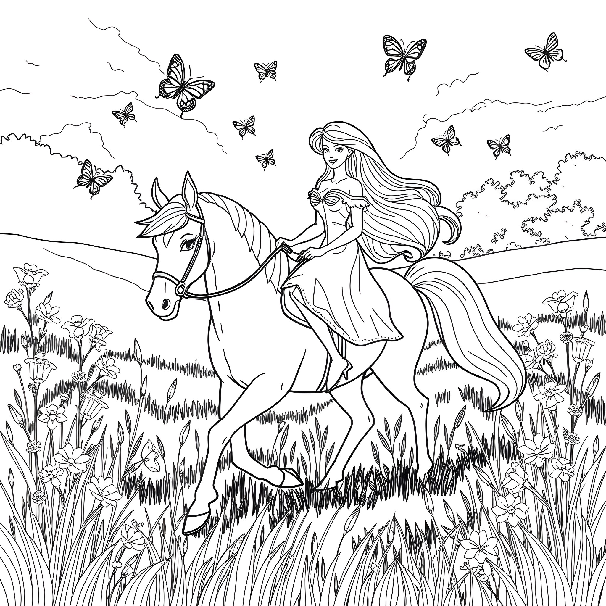 Barbie riding a horse through a floral meadow with butterflies Coloring Page (free black-and-white line drawing printable PDF for all, from beginners to advanced learners, including children, teens, adults, and seniors)