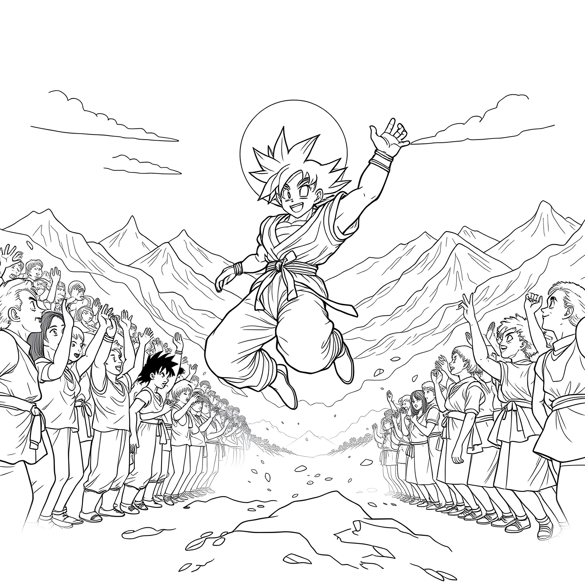 Son Goku triumphantly leaping into the air surrounded by cheering crowd Coloring Page (free black-and-white line drawing printable PDF for all, from beginners to advanced learners, including children, teens, adults, and seniors)