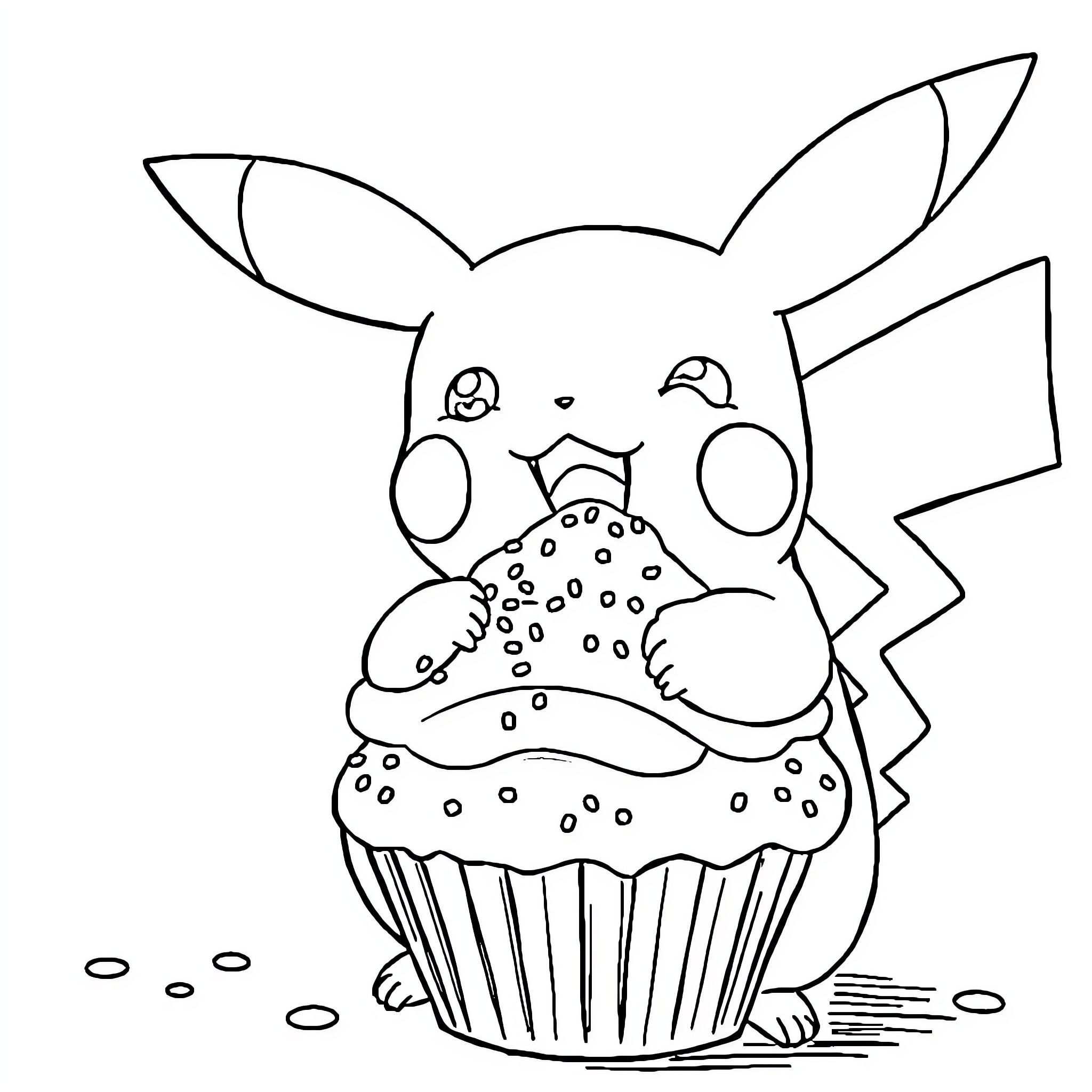 Pikachu enjoying a delightful cupcake Coloring Page (free black-and-white line drawing printable PDF for all, from beginners to advanced learners, including children, teens, adults, and seniors)