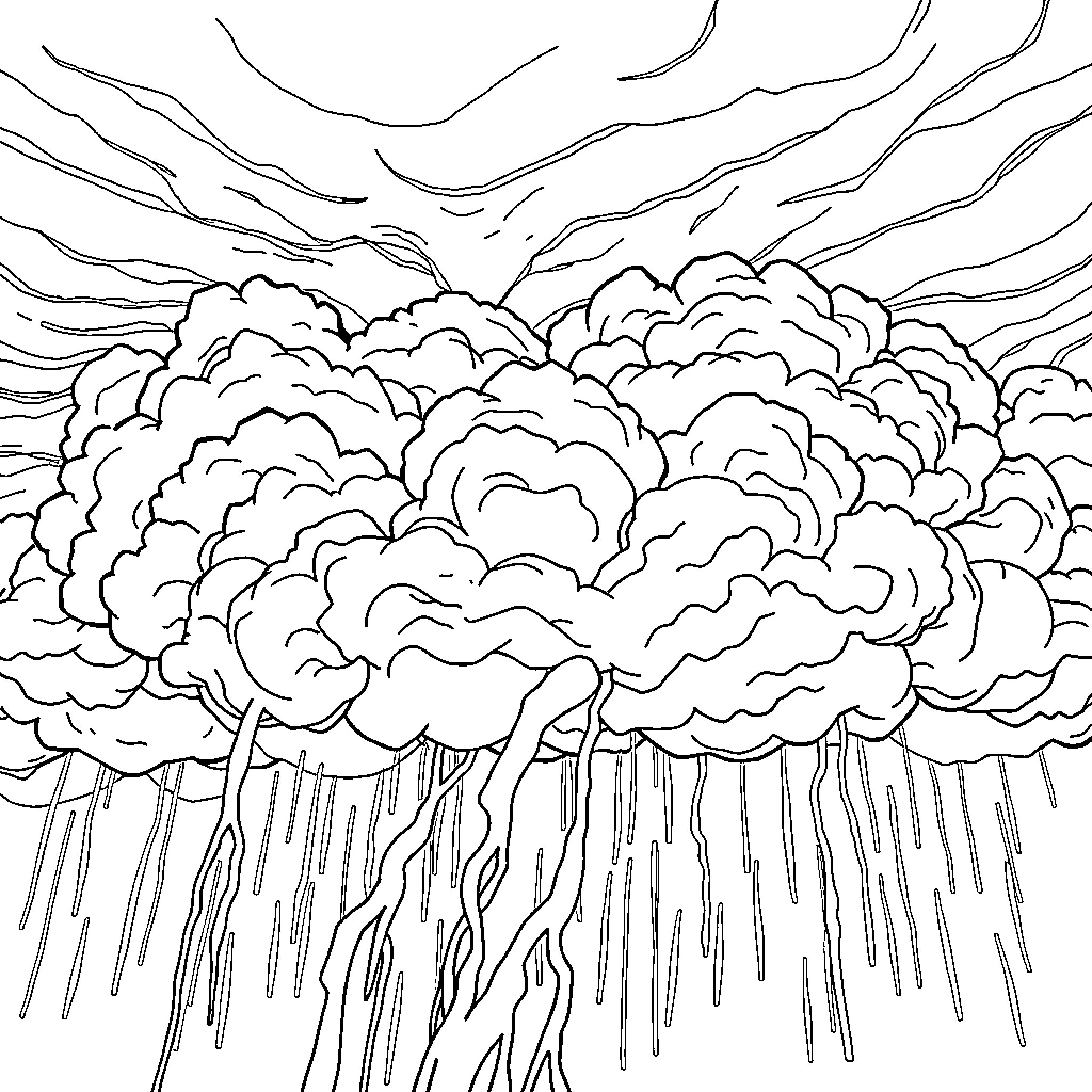 Cloud Storm Raging with Heavy Downpour Coloring Page (free black-and-white line drawing printable PDF for all, from beginners to advanced learners, including children, teens, adults, and seniors)