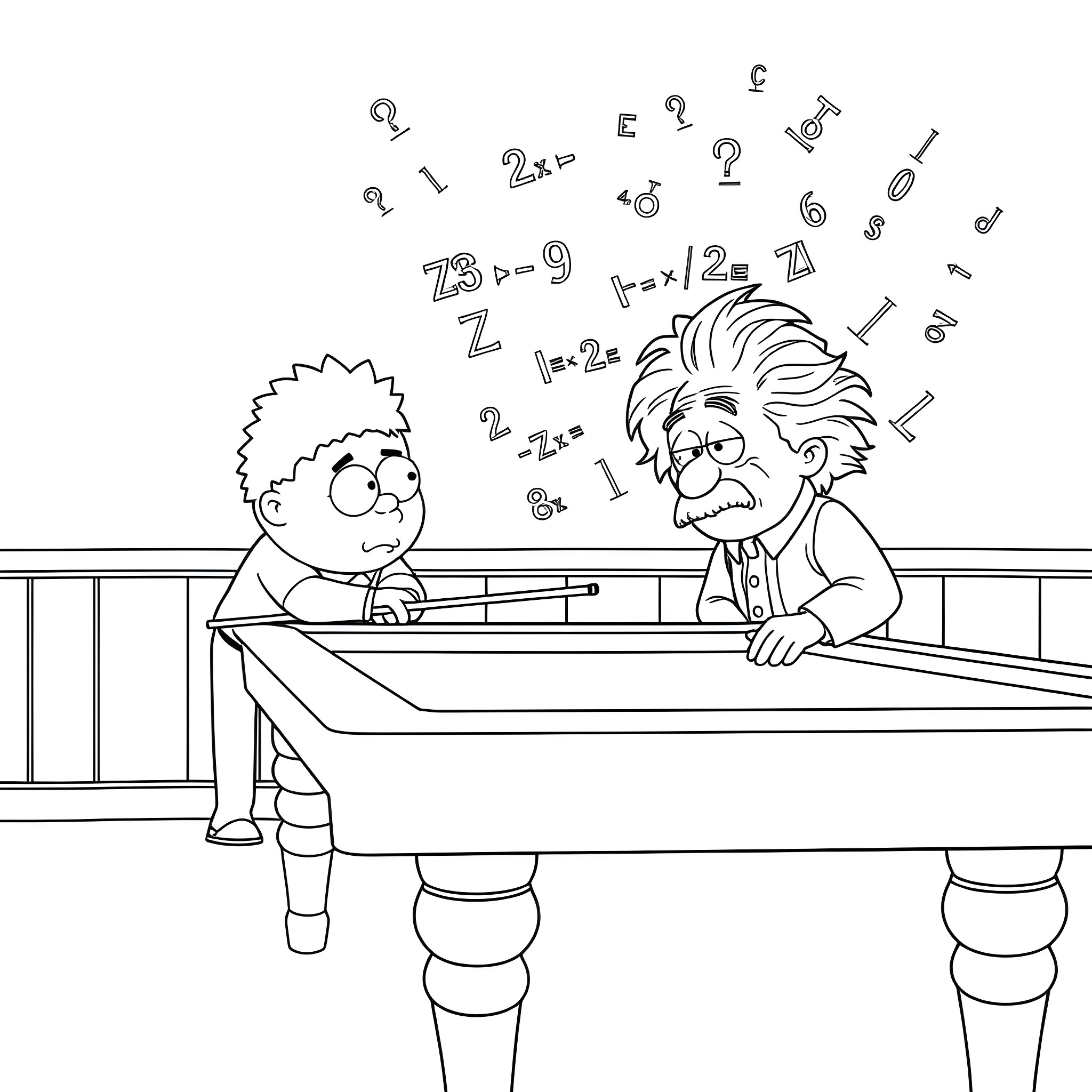 Eric Cartman Learning Math from Professor Chaos Coloring Page (free black-and-white line drawing printable PDF for all, from beginners to advanced learners, including children, teens, adults, and seniors)
