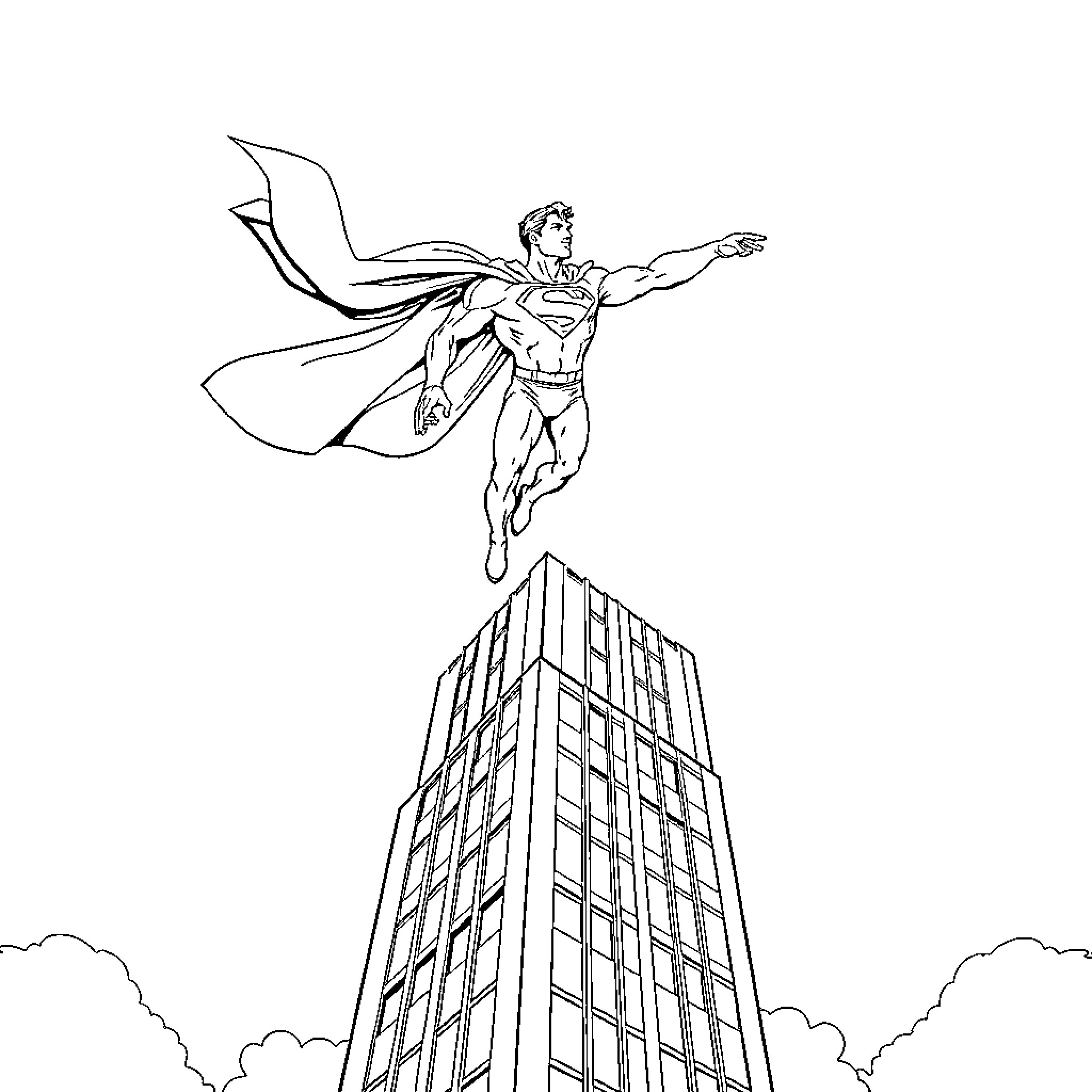 Superman soaring over the city skyline Coloring Page (free black-and-white line drawing printable PDF for all, from beginners to advanced learners, including children, teens, adults, and seniors)
