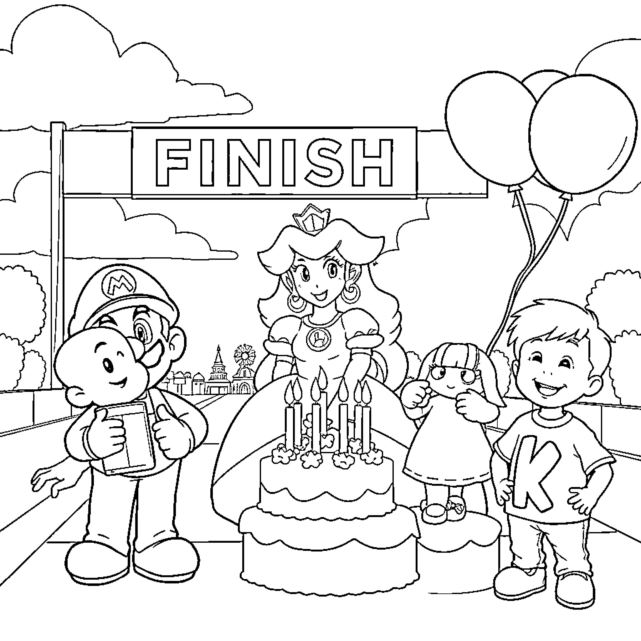 Mario and friends celebrate a finish line victory Coloring Page (free black-and-white line drawing printable PDF for all, from beginners to advanced learners, including children, teens, adults, and seniors)