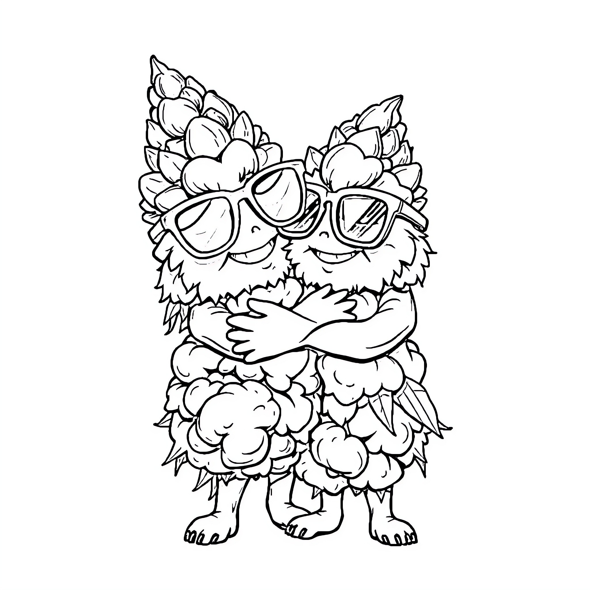 Weed Nugget with Sunglasses and a Hug Coloring Page (free black-and-white line drawing printable PDF for all, from beginners to advanced learners, including children, teens, adults, and seniors)