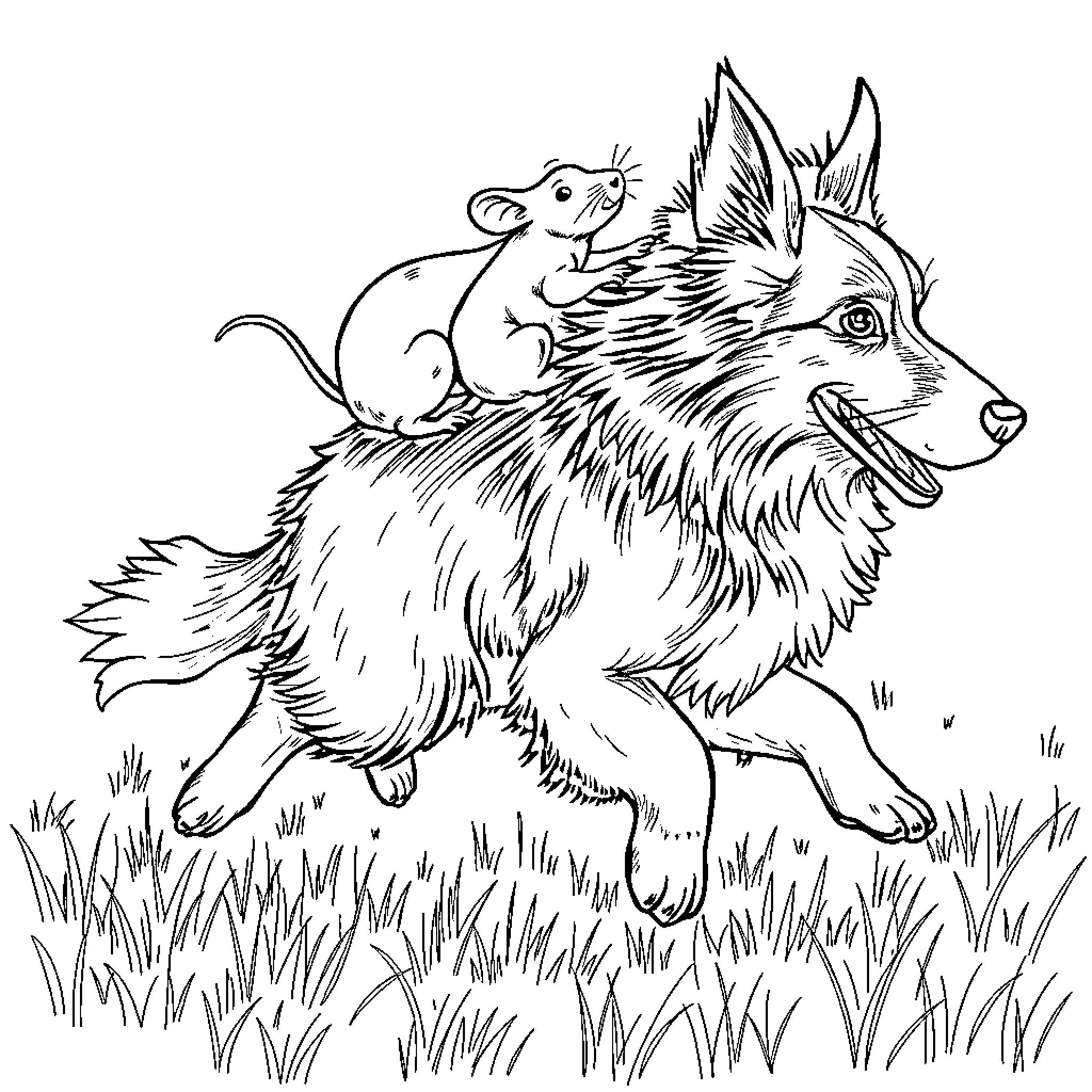 Rat riding on a curious wolf in the wilderness Coloring Page (free black-and-white line drawing printable PDF for all, from beginners to advanced learners, including children, teens, adults, and seniors)